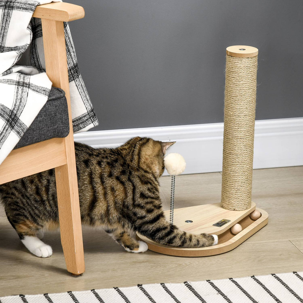 Cat Scratching Post 40 Cm, With Wooden Ball Toy & Turntable, Natural