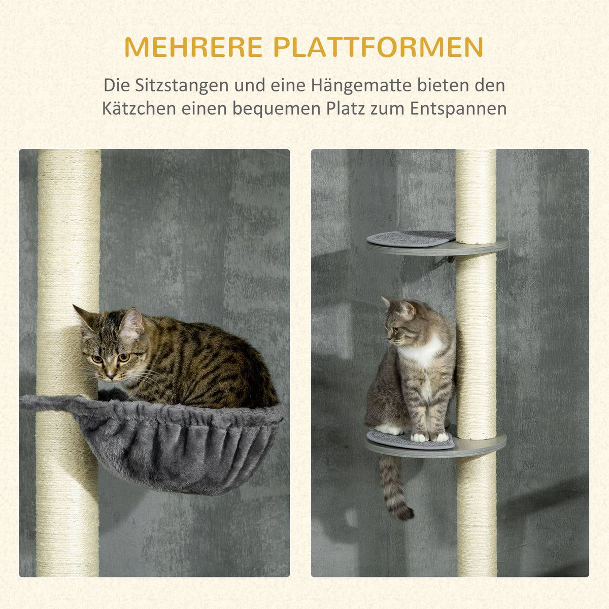Cat Scratching Post Ceiling Height 230-250 Cm, With Hammock, Height Adjustable, Gray + Cream White