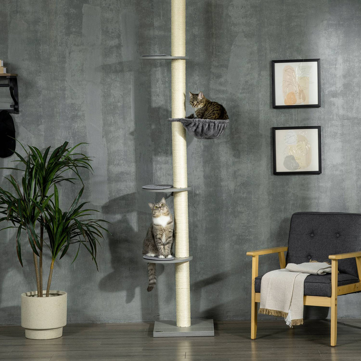 Cat Scratching Post Ceiling Height 230-250 Cm, With Hammock, Height Adjustable, Gray + Cream White