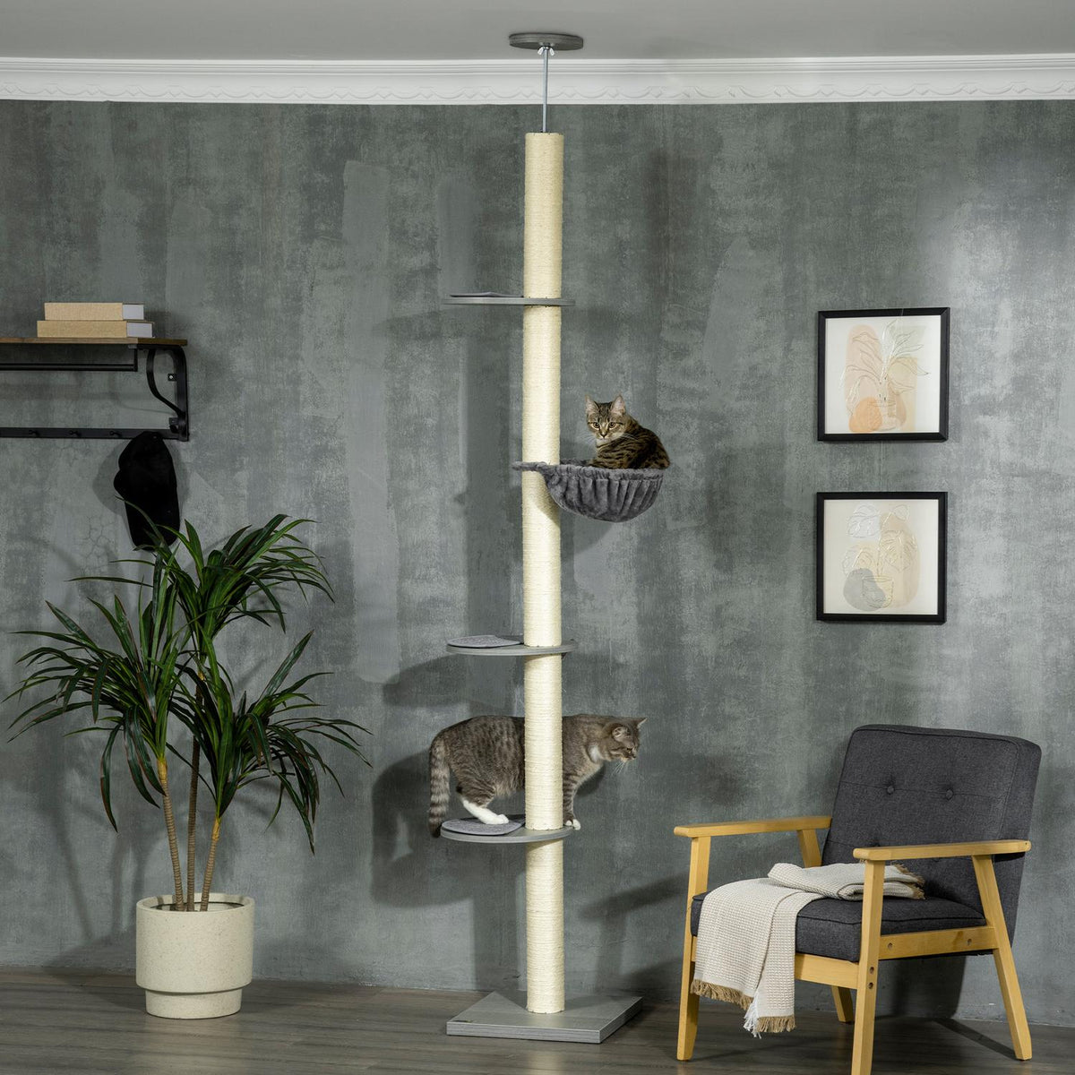 Cat Scratching Post Ceiling Height 230-250 Cm, With Hammock, Height Adjustable, Gray + Cream White