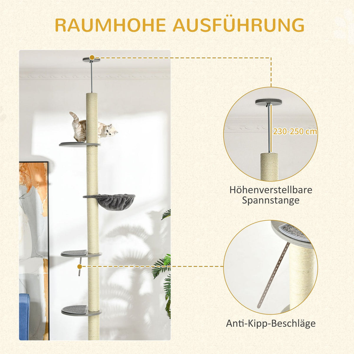 Cat Scratching Post Ceiling Height 230-250 Cm, With Hammock, Height Adjustable, Gray + Cream White