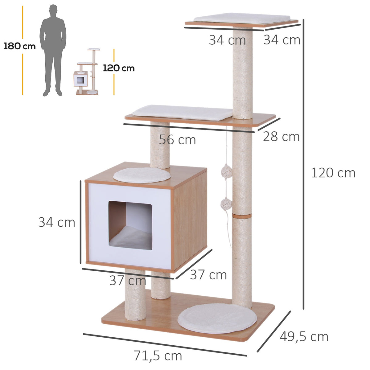 Cat Scratching Post Climbing Tree With Sisal, Padding & Toy Ball, Natural, 71.5X49.5X120 Cm