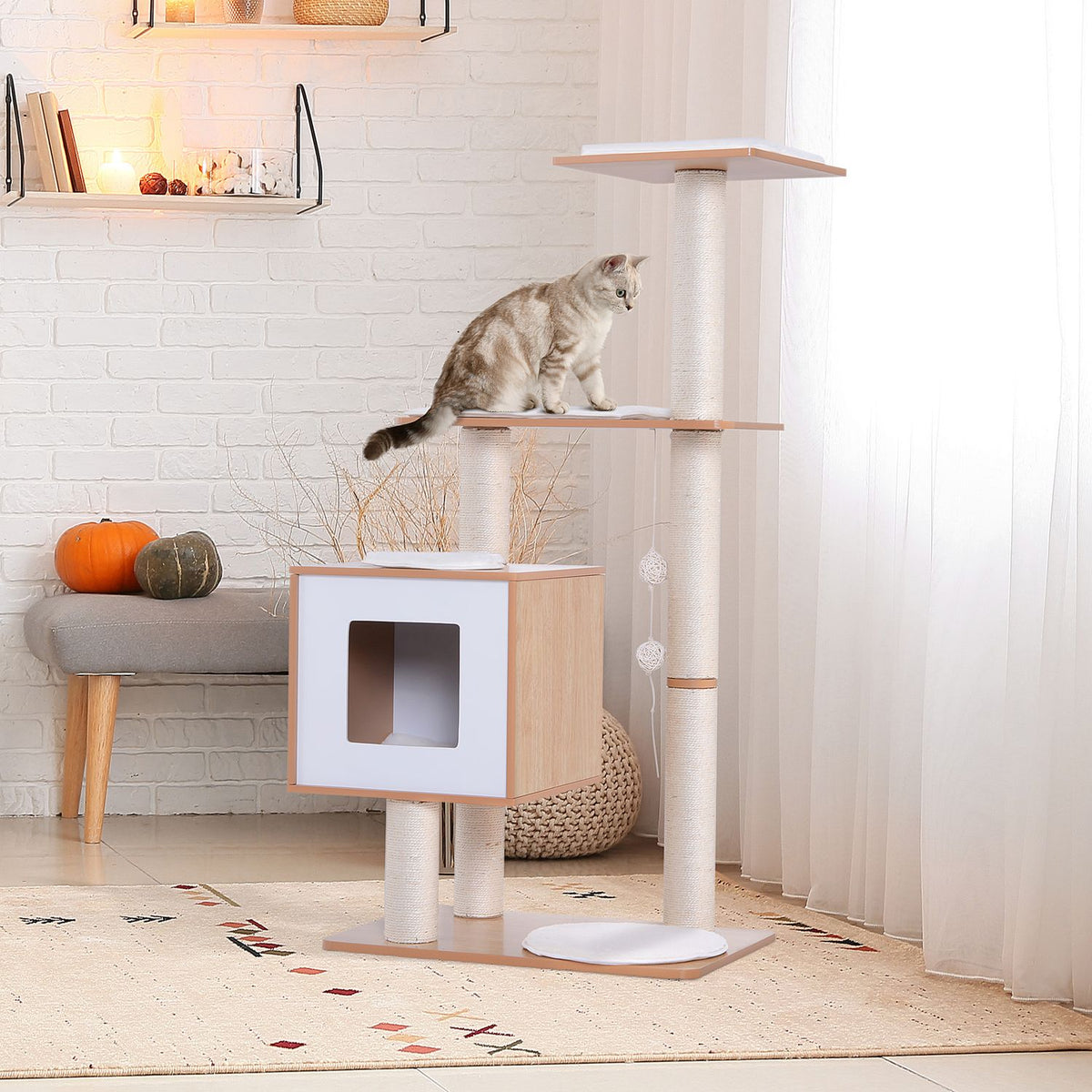 Cat Scratching Post Climbing Tree With Sisal, Padding & Toy Ball, Natural, 71.5X49.5X120 Cm