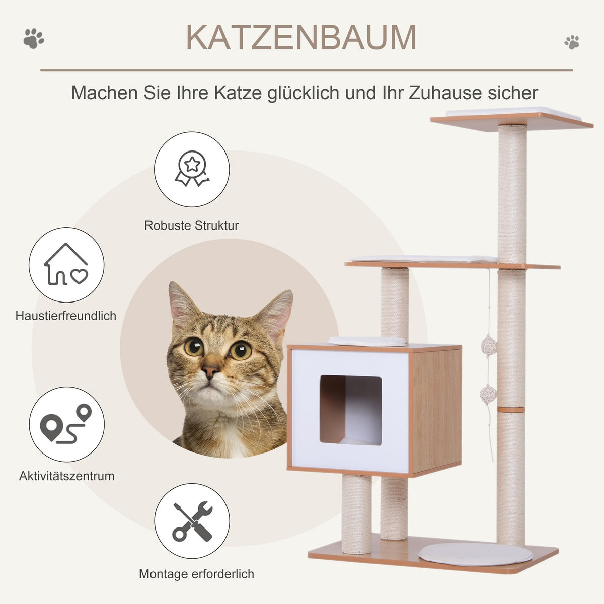 Cat Scratching Post Climbing Tree With Sisal, Padding & Toy Ball, Natural, 71.5X49.5X120 Cm