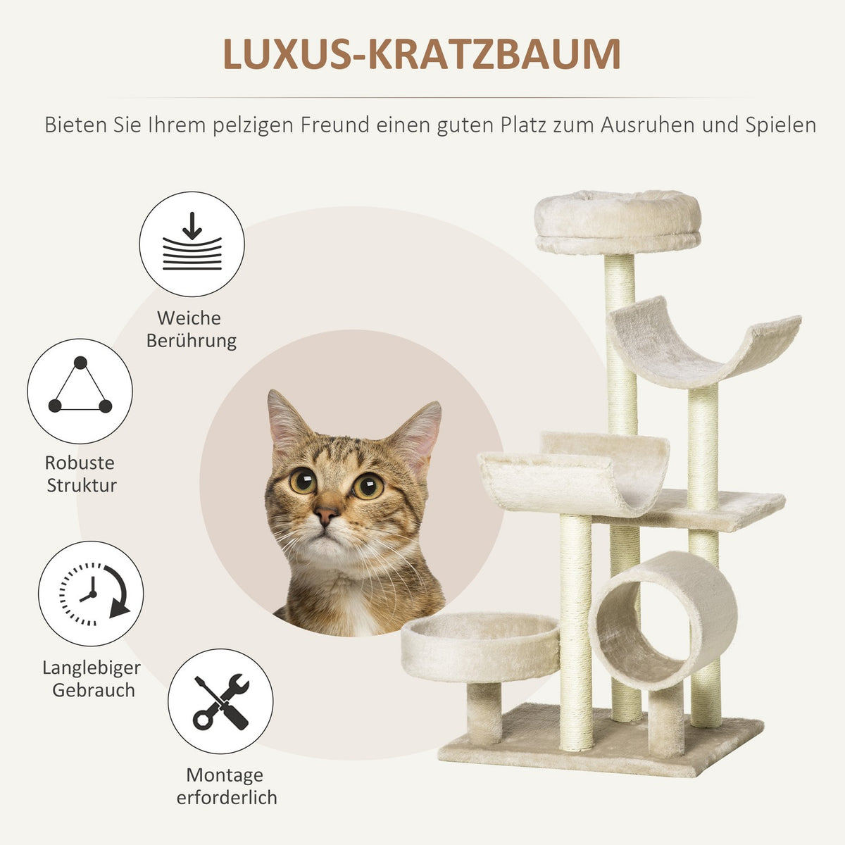 Cat Scratching Post Climbing Tree With Toy Tunnel, Beige, L50Xw40Xh105 Cm