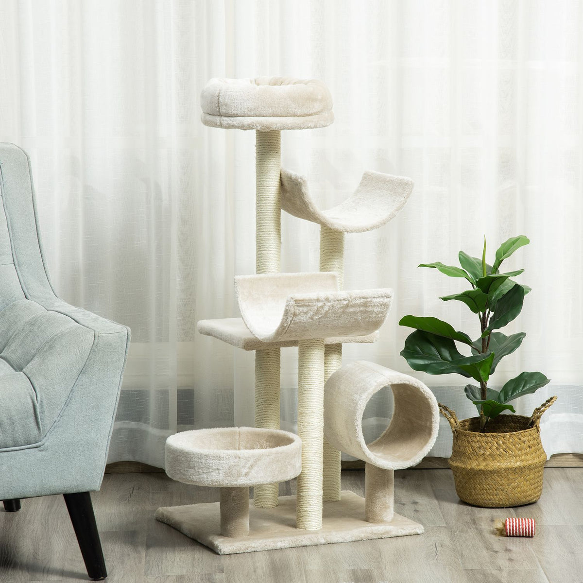 Cat Scratching Post Climbing Tree With Toy Tunnel, Beige, L50Xw40Xh105 Cm