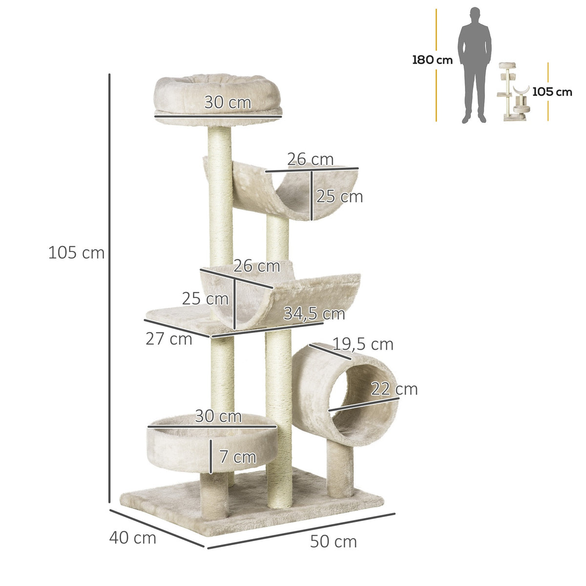 Cat Scratching Post Climbing Tree With Toy Tunnel, Beige, L50Xw40Xh105 Cm