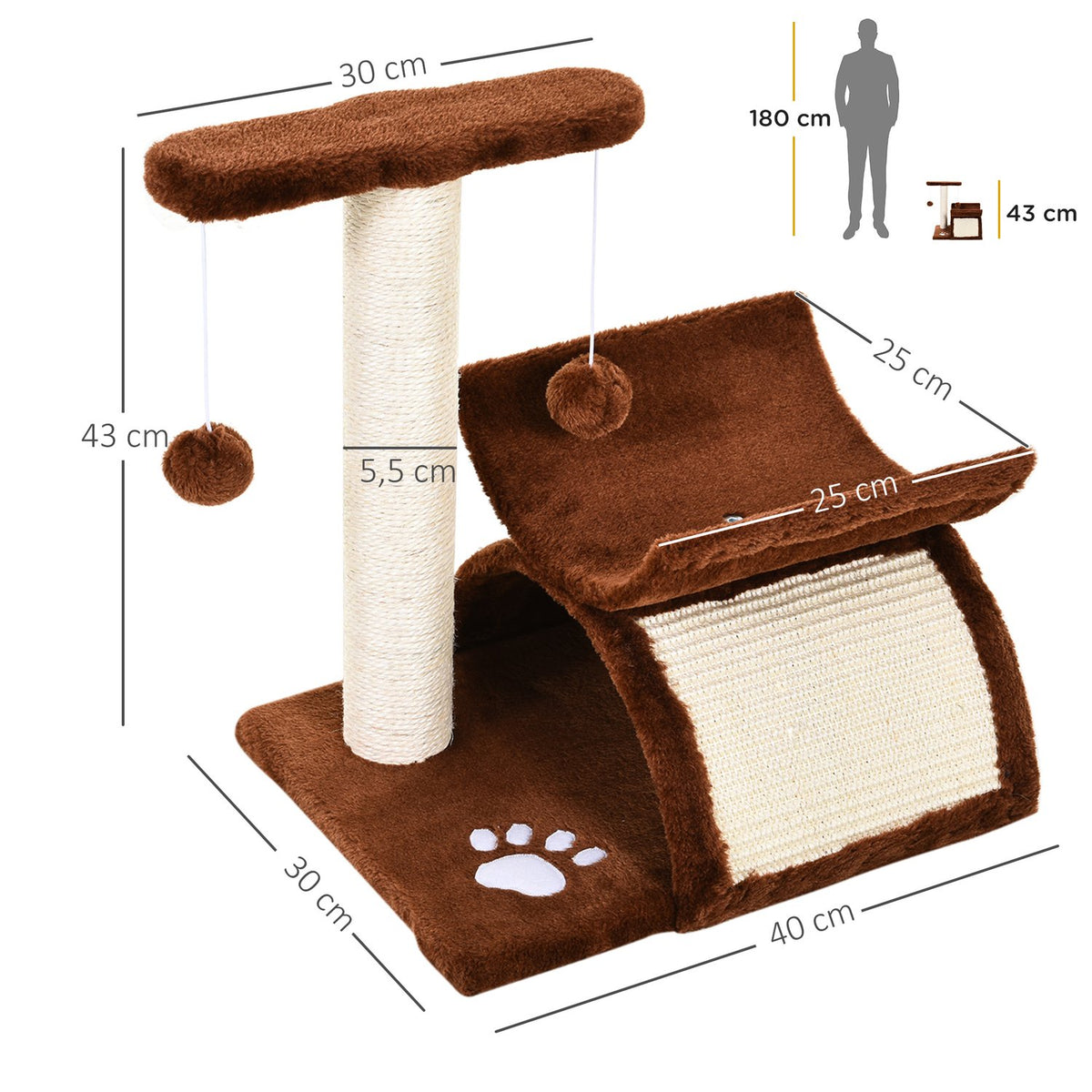 Cat Scratching Post, Play And Scratching Post With Play Ball, Brown, L40Xw30Xh43 Cm