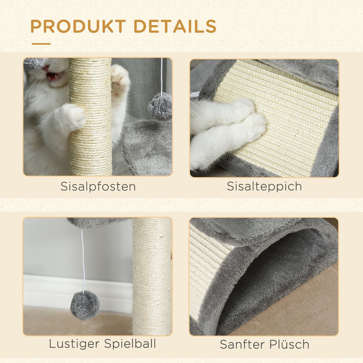 Cat Scratching Post, Play And Scratching Post With Play Ball, Light Grey, L40Xw30Xh43 Cm