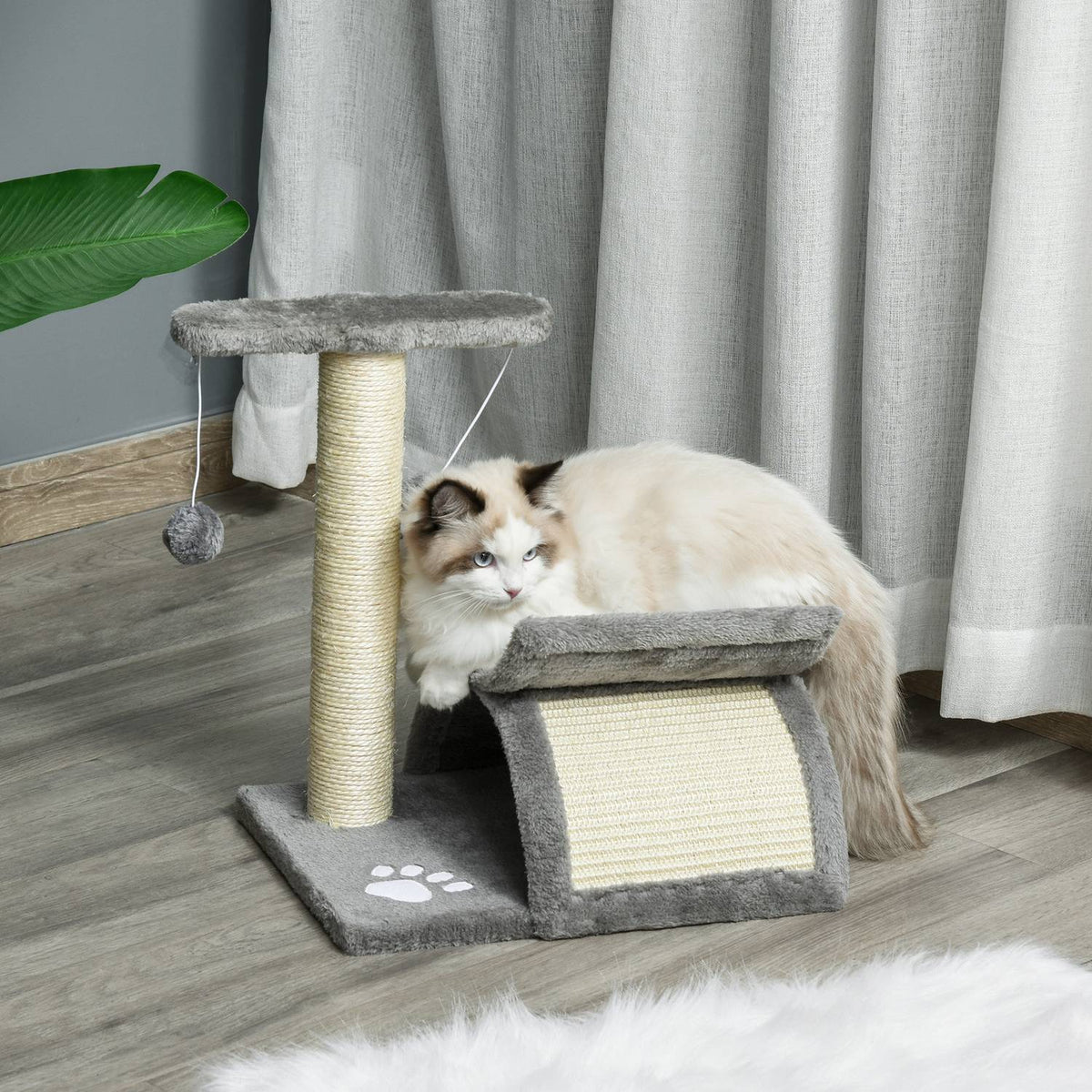 Cat Scratching Post, Play And Scratching Post With Play Ball, Light Grey, L40Xw30Xh43 Cm
