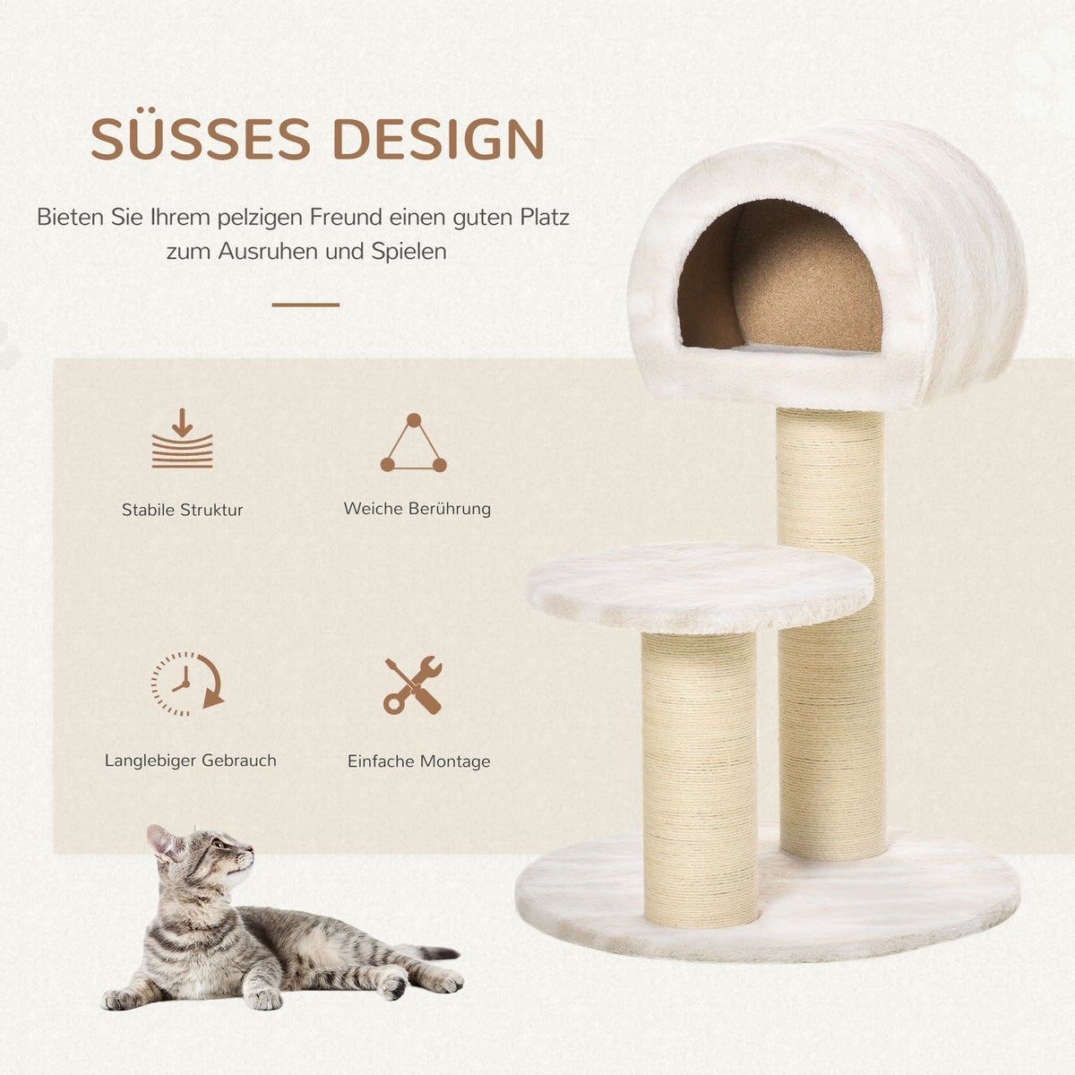 Cat Scratching Post Play & Climbing Tree For Cats, Sisal Posts, Velvety Polyester, With Play Ball, 60X60X93Cm, Polyester Sisal