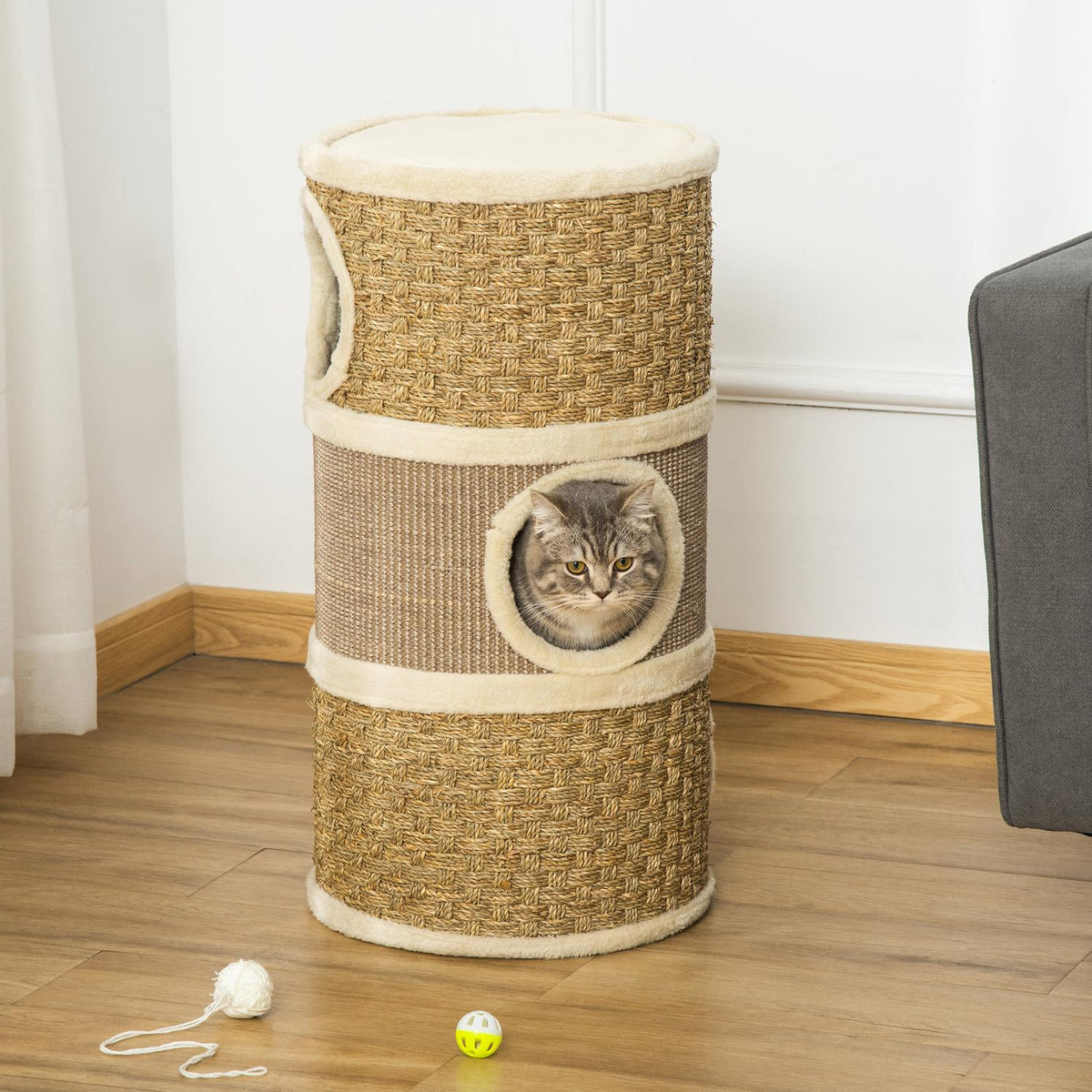 Cat Scratching Post, Scratching Barrel, 3 Levels, Sisal Plush, 37.5X37.5X70Cm