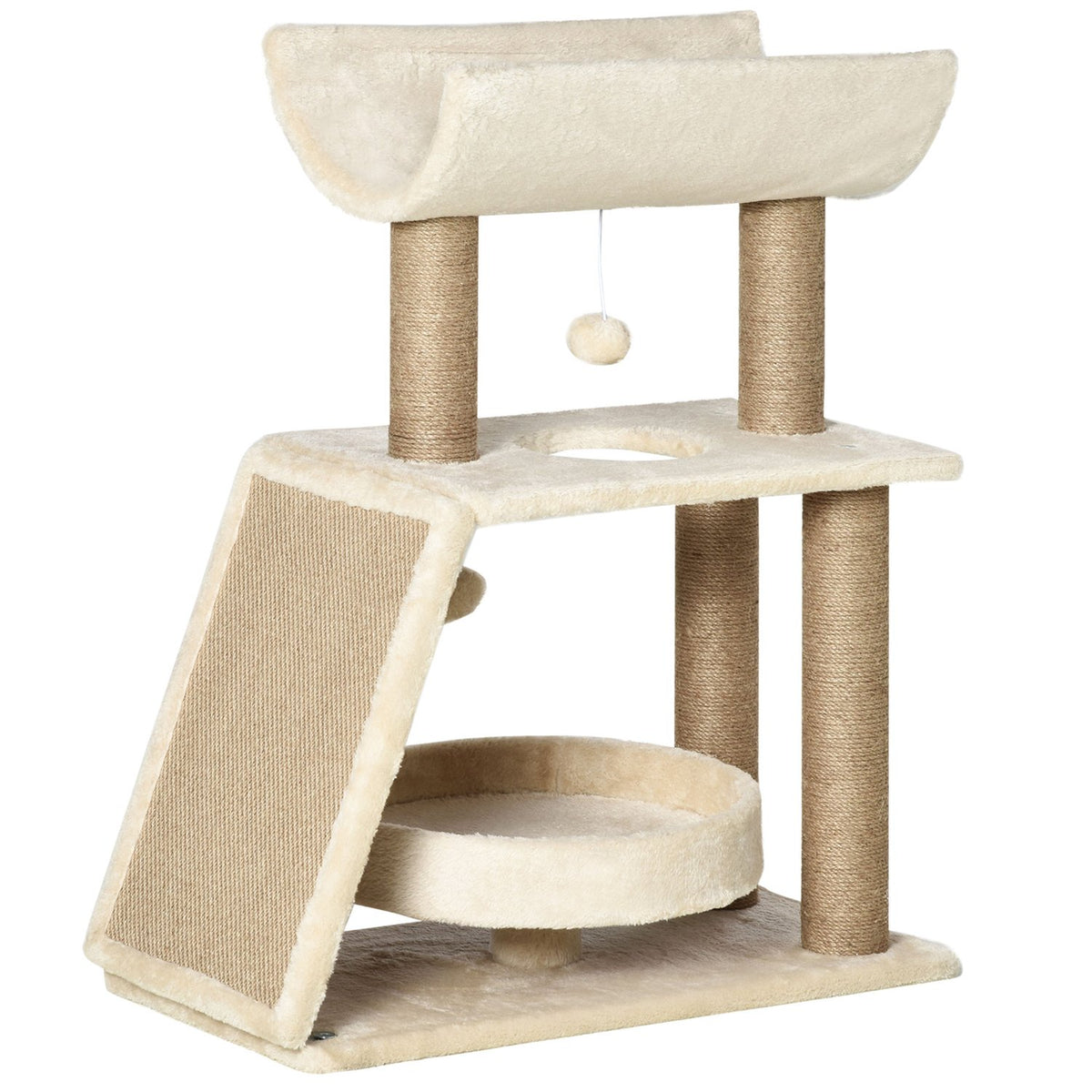 Cat Scratching Post Small 76Cm, With Play Ball & Seat, Indoor Climbing Tower With Bed & Scratching Board, Light Brown, Up To 5Kg