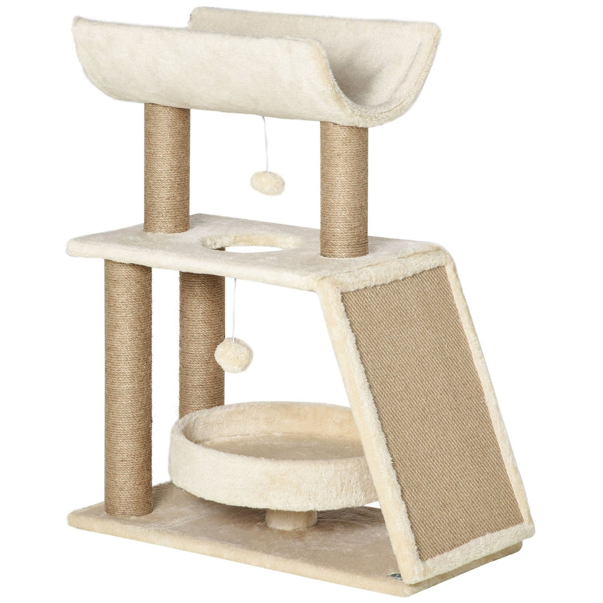 Cat Scratching Post Small 76Cm, With Play Ball & Seat, Indoor Climbing Tower With Bed & Scratching Board, Light Brown, Up To 5Kg