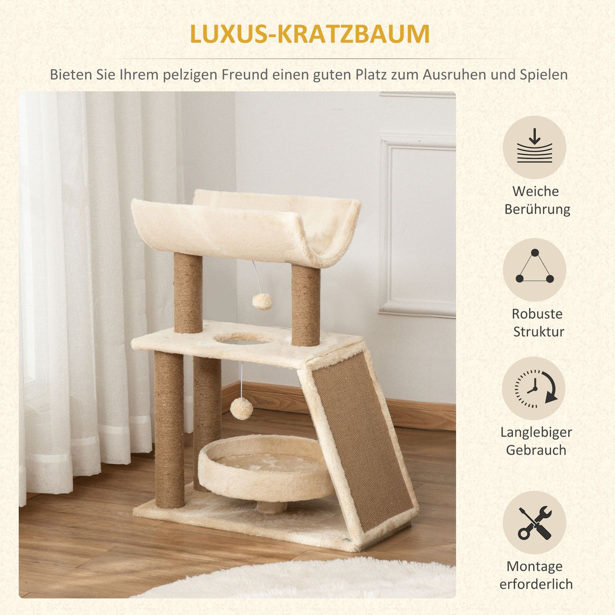 Cat Scratching Post Small 76Cm, With Play Ball & Seat, Indoor Climbing Tower With Bed & Scratching Board, Light Brown, Up To 5Kg