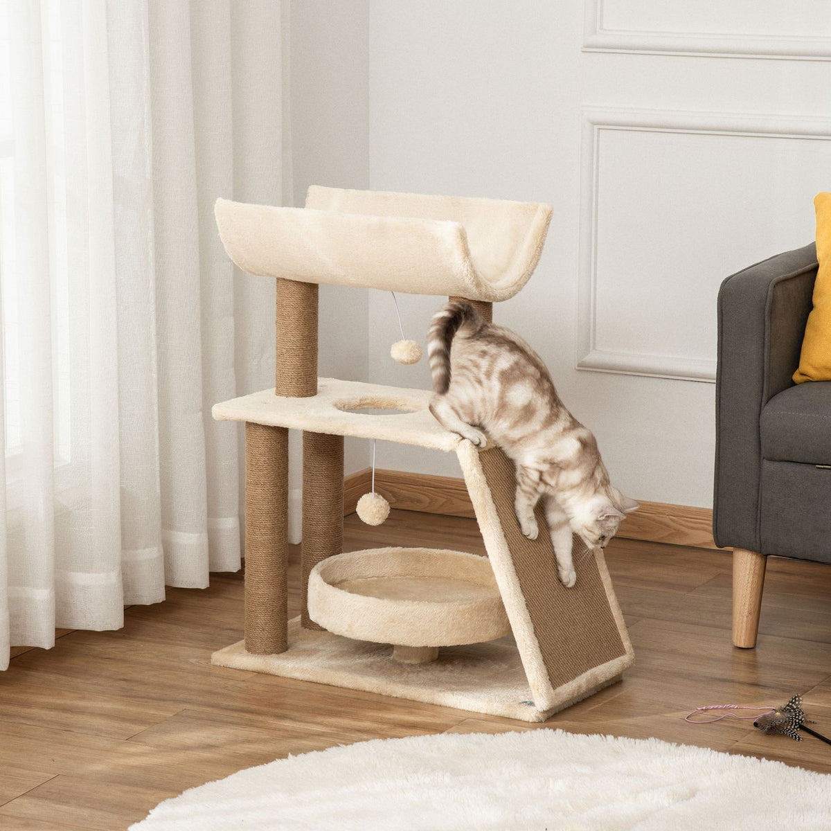 Cat Scratching Post Small 76Cm, With Play Ball & Seat, Indoor Climbing Tower With Bed & Scratching Board, Light Brown, Up To 5Kg