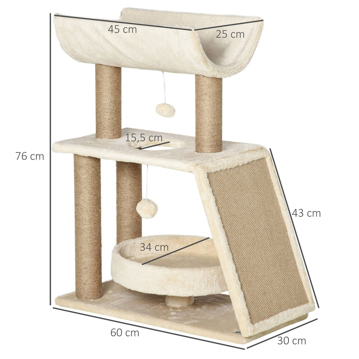 Cat Scratching Post Small 76Cm, With Play Ball & Seat, Indoor Climbing Tower With Bed & Scratching Board, Light Brown, Up To 5Kg