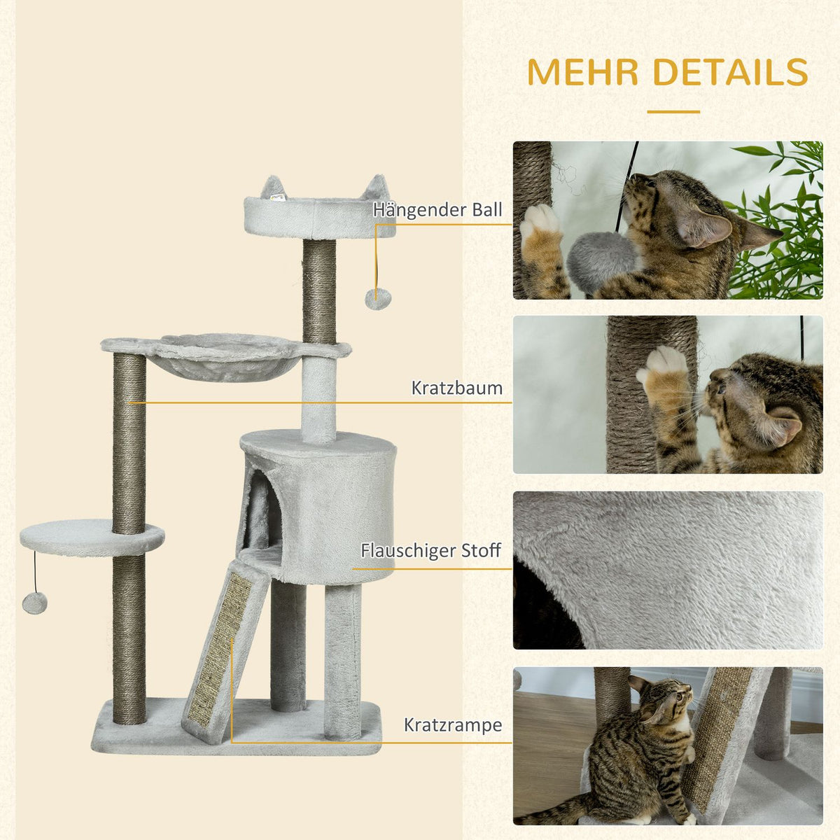 Cat Scratching Post With Cat Cave & Sisal Column, Play Tree With Ramp, Cat Toy, Light Grey, 113 Cm