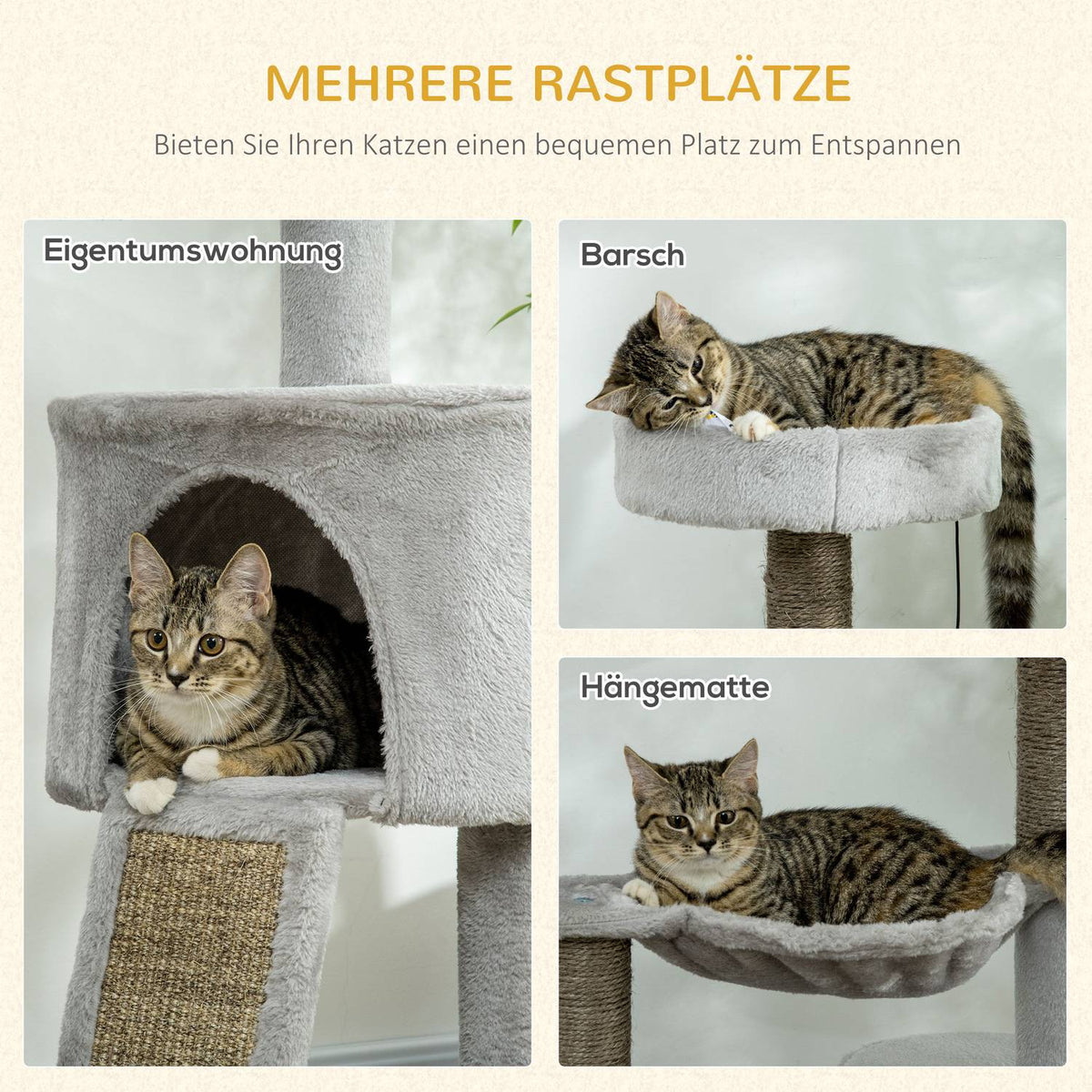 Cat Scratching Post With Cat Cave & Sisal Column, Play Tree With Ramp, Cat Toy, Light Grey, 113 Cm