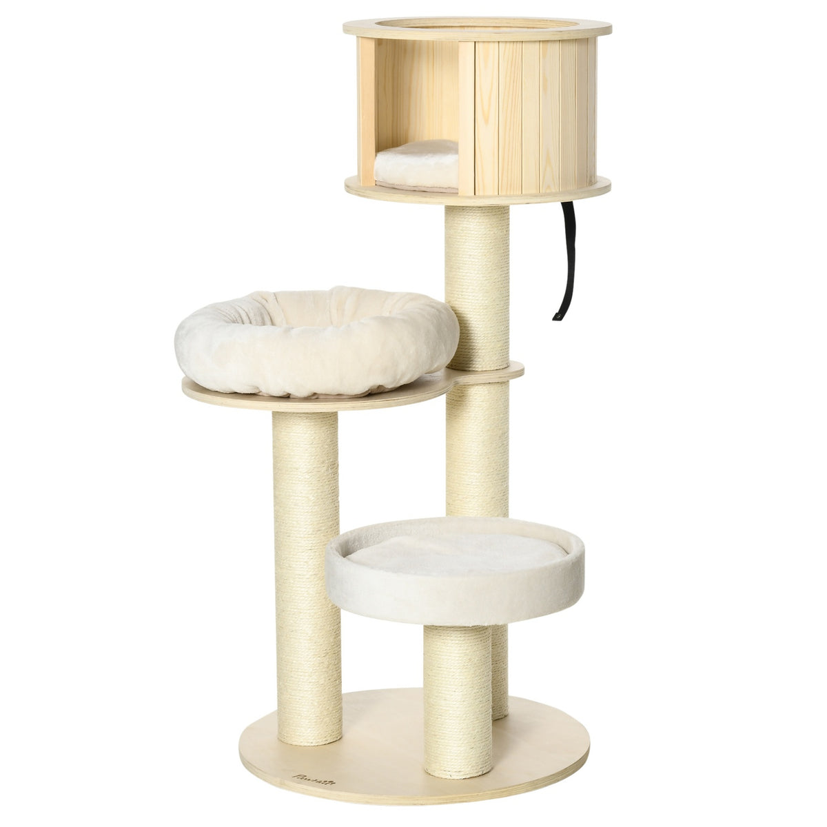 Cat Scratching Post With Cat Cave, Three Levels, Wood, Sisal Posts, Play Balls, 122Cm Height