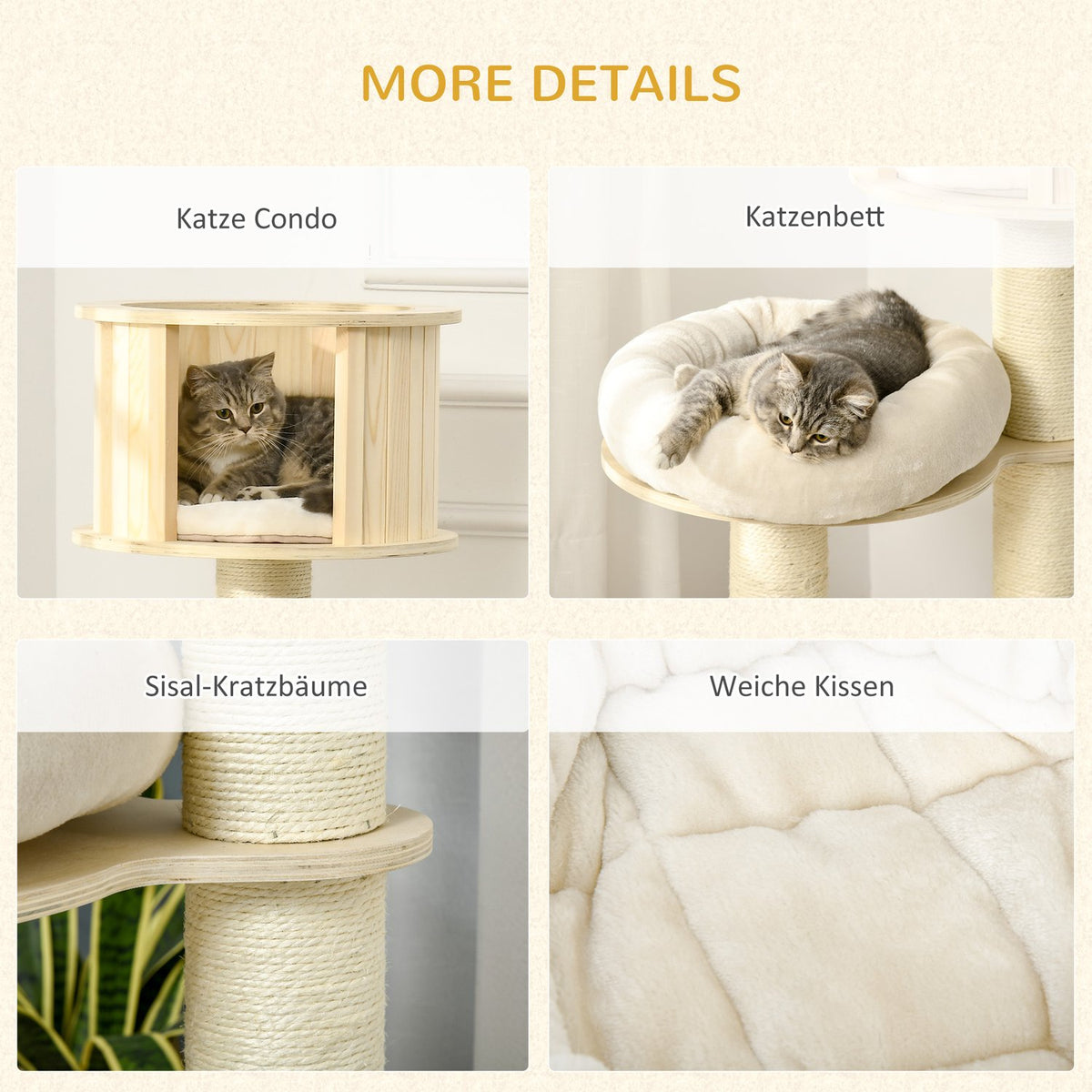Cat Scratching Post With Cat Cave, Three Levels, Wood, Sisal Posts, Play Balls, 122Cm Height