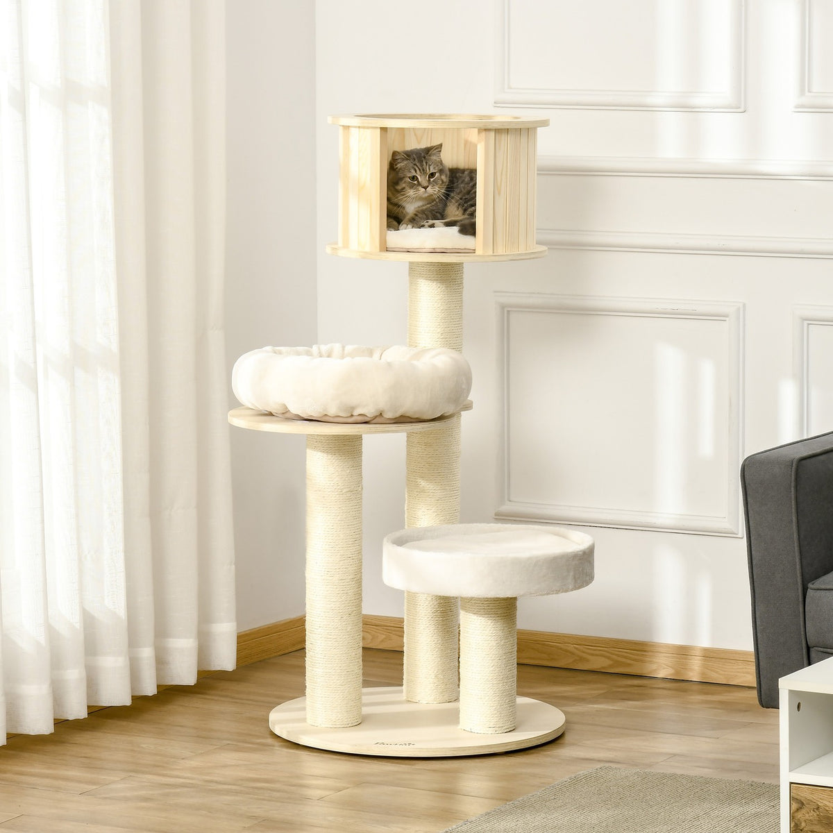 Cat Scratching Post With Cat Cave, Three Levels, Wood, Sisal Posts, Play Balls, 122Cm Height