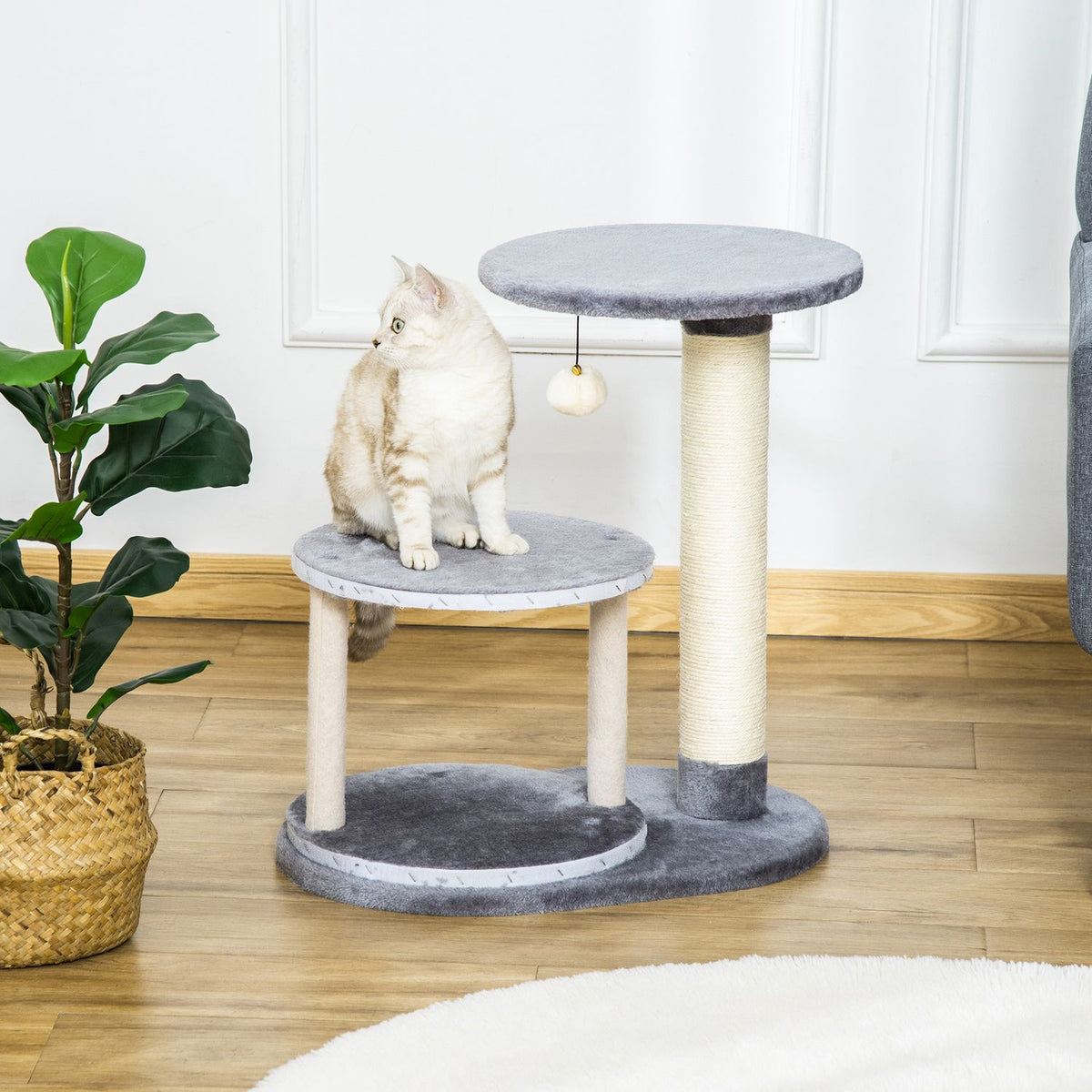Cat Scratching Post With Cat Cave & Toy Ball, Sisal Rope Scratching Poles, Gray, 55X36X59Cm