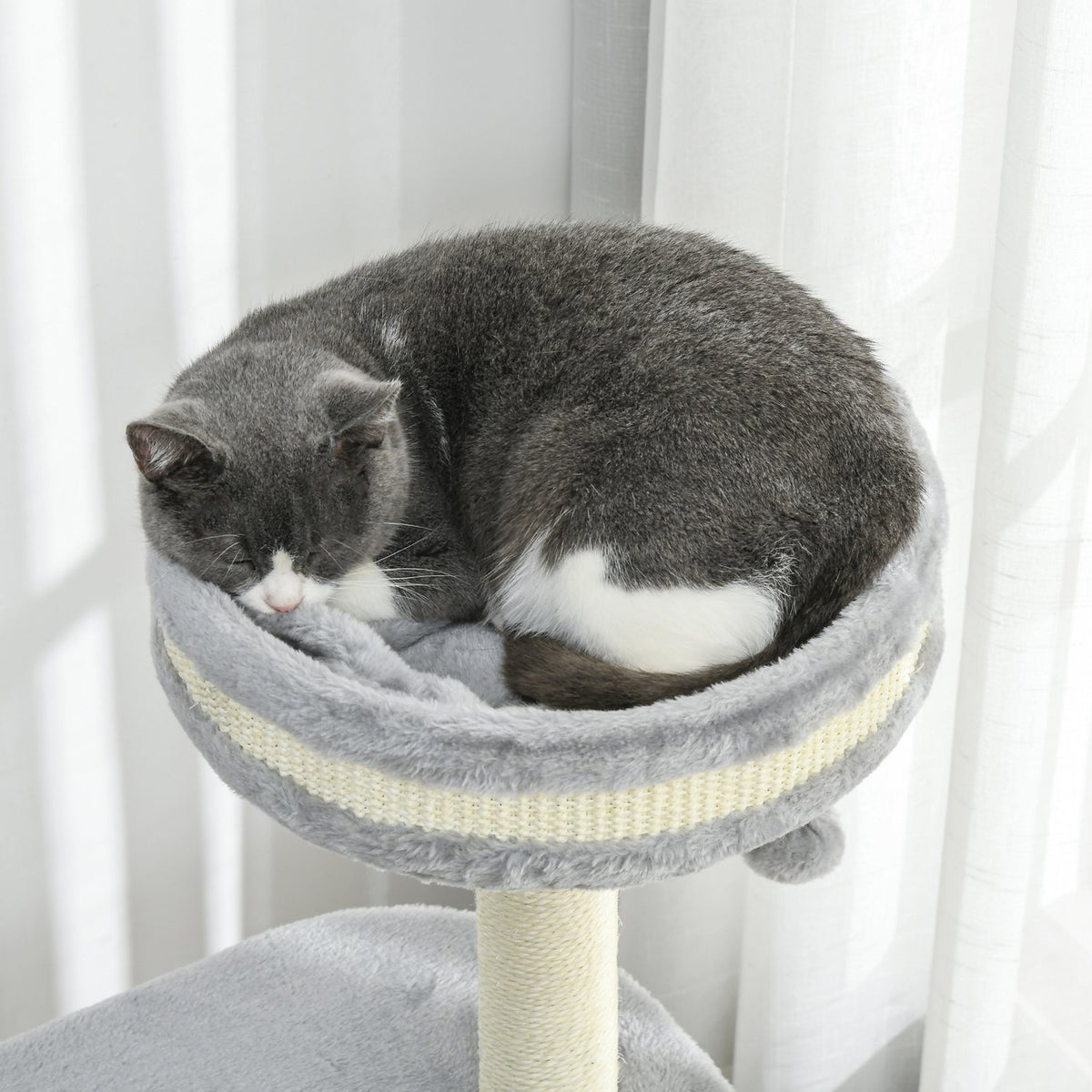 Cat Scratching Post with 2 Cat Caves, Sisal Rope Posts, Multiple Platforms, Soft Plush, Ball Toy, Grey, 59 x 35 x 100 cm