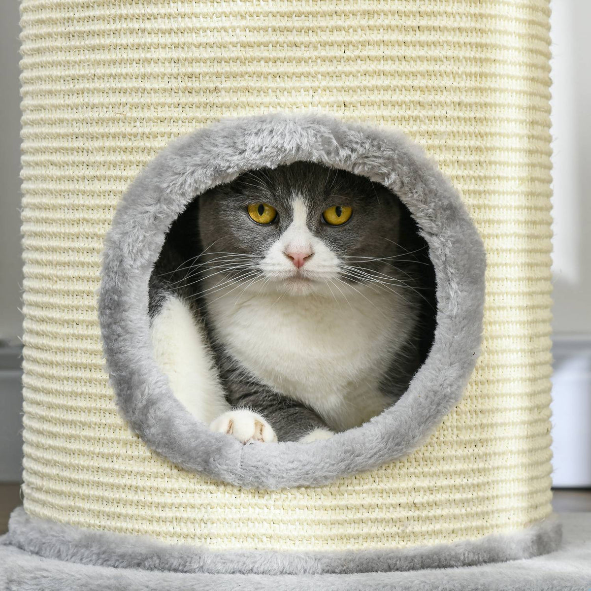 Cat Scratching Post with 2 Cat Caves, Sisal Rope Posts, Multiple Platforms, Soft Plush, Ball Toy, Grey, 59 x 35 x 100 cm