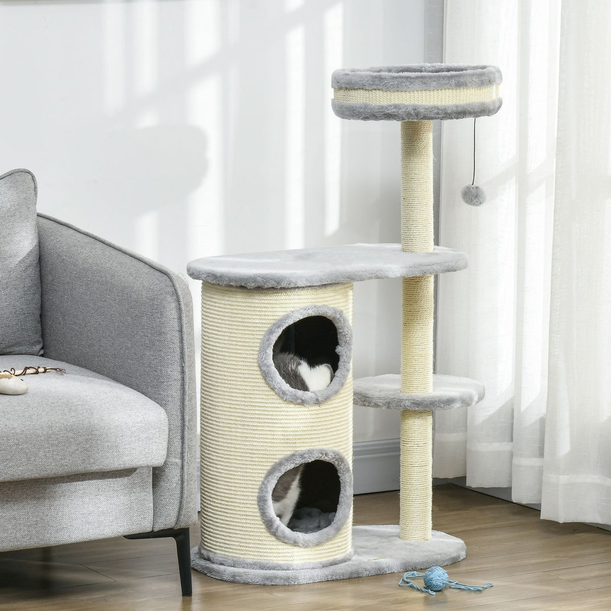 Cat Scratching Post with 2 Cat Caves, Sisal Rope Posts, Multiple Platforms, Soft Plush, Ball Toy, Grey, 59 x 35 x 100 cm