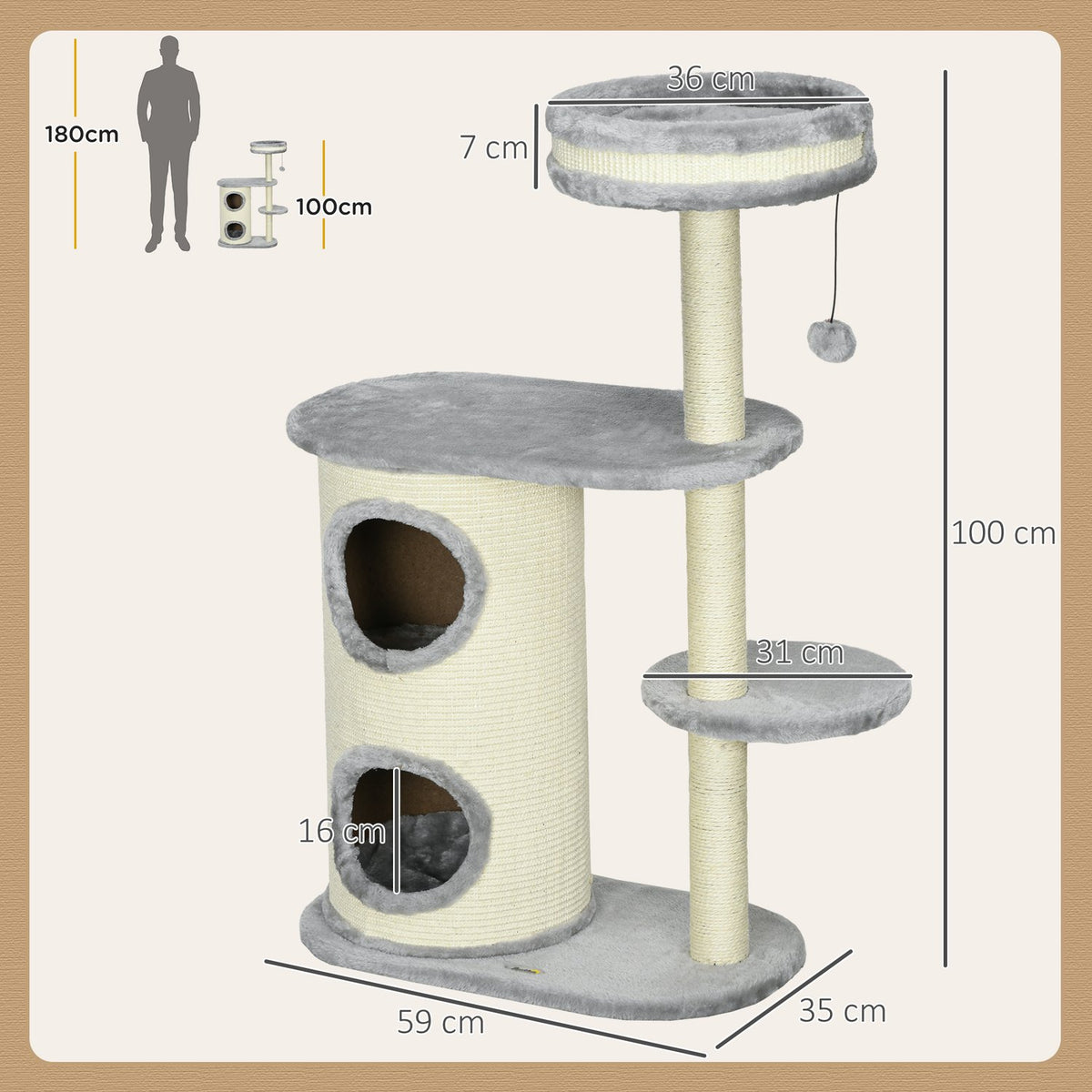 Cat Scratching Post with 2 Cat Caves, Sisal Rope Posts, Multiple Platforms, Soft Plush, Ball Toy, Grey, 59 x 35 x 100 cm
