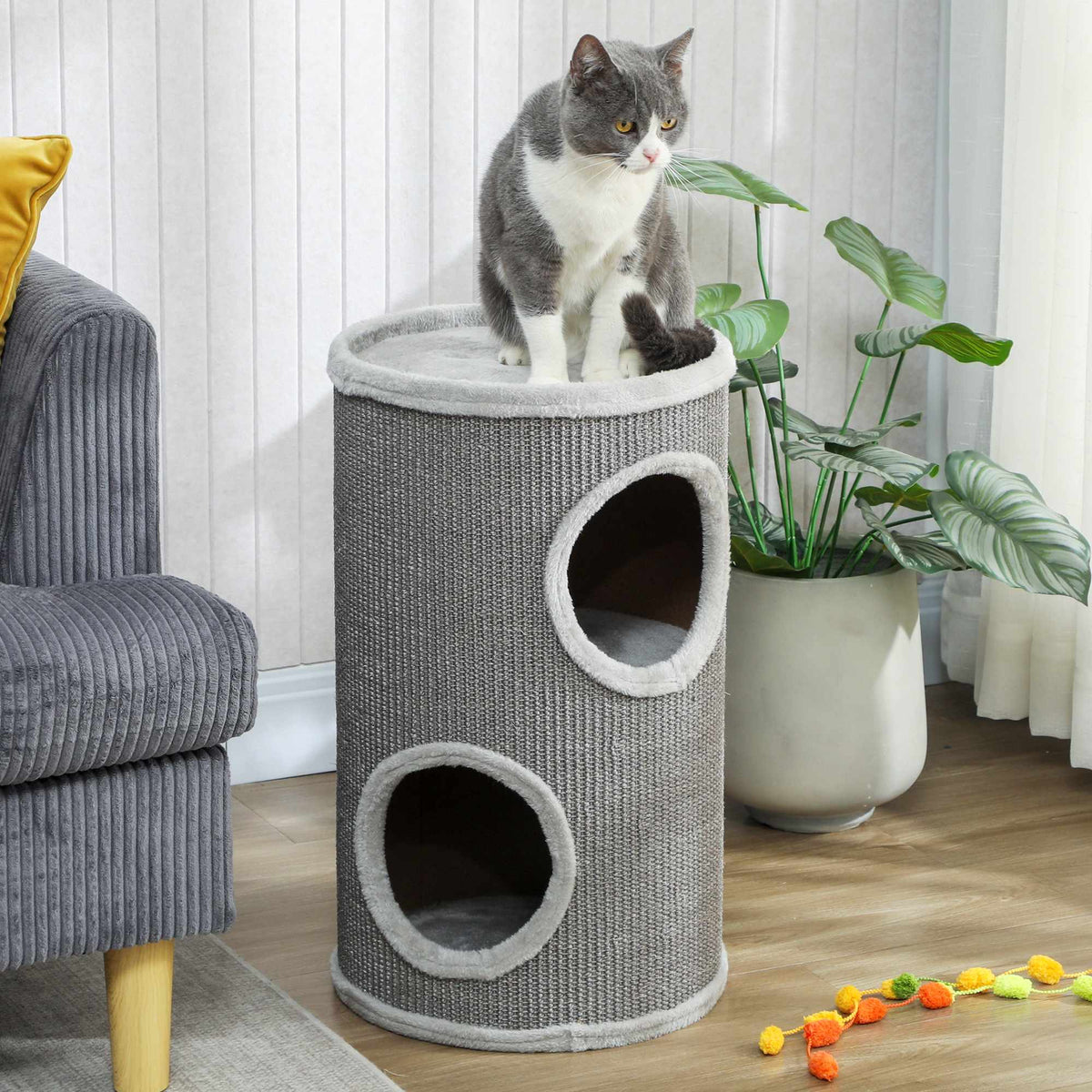 Cat Scratching Tower, 2 Levels, Sisal & Plush, Light Grey