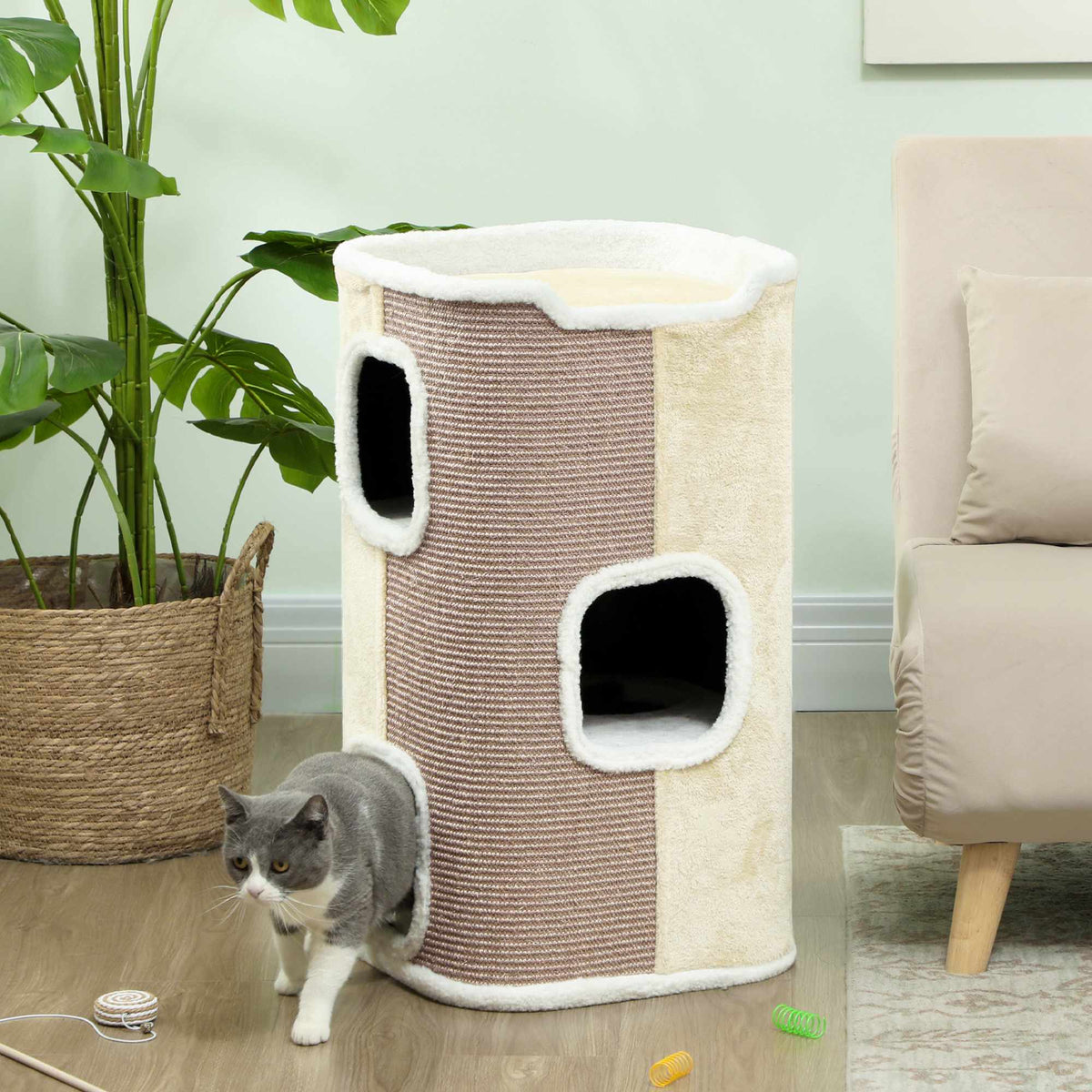 Cat Scratching Tree, 3 Levels, Soft Plush, Beige