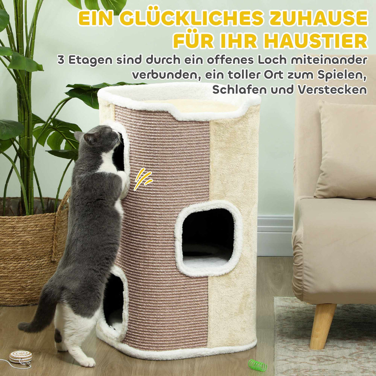 Cat Scratching Tree, 3 Levels, Soft Plush, Beige