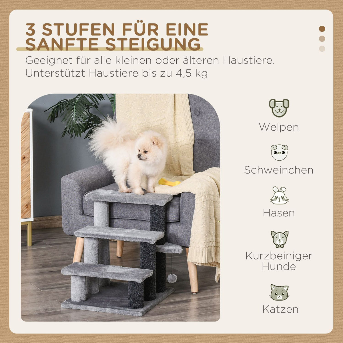 Cat Stairs, Pet Stairs, Dog Stairs, Stairs for Cats and Dogs, 3 Steps, with Play Ball, Plush, Gray, 45x40x48cm