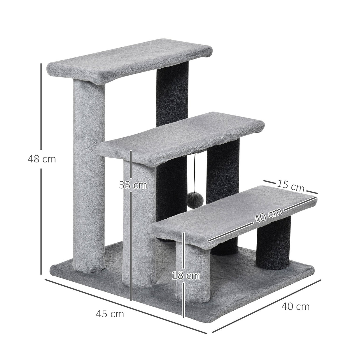 Cat Stairs, Pet Stairs, Dog Stairs, Stairs for Cats and Dogs, 3 Steps, with Play Ball, Plush, Gray, 45x40x48cm