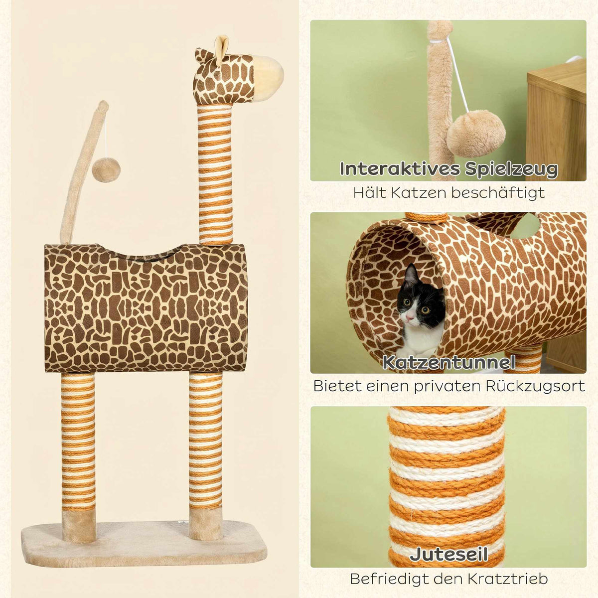 Cat Tower 101cm Giraffe Design with Tunnel & Jute Posts