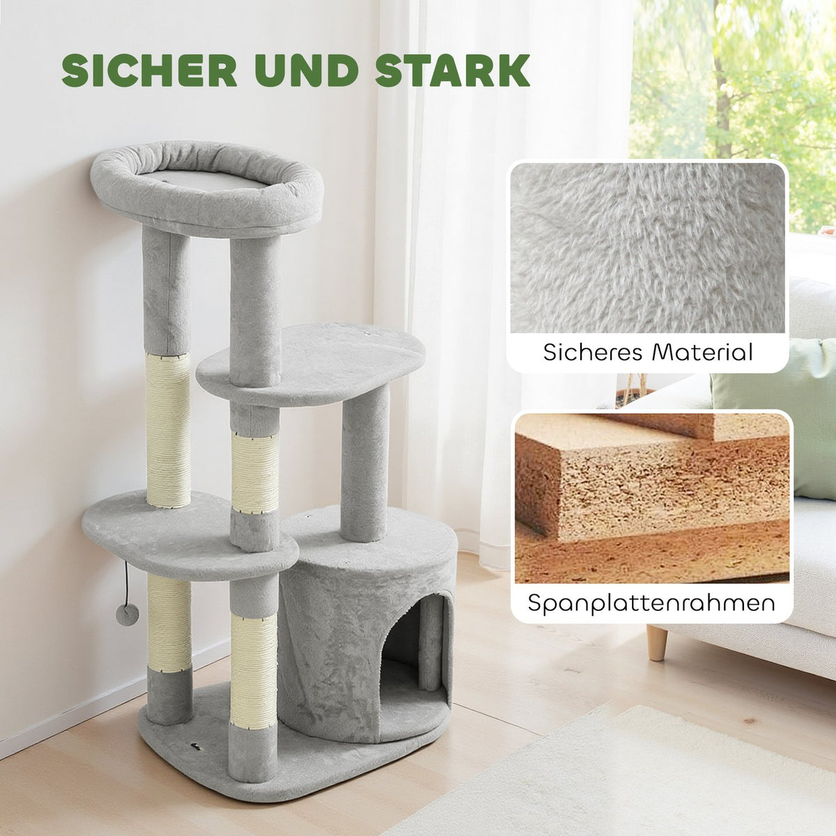 Cat Tower 114 cm, Sisal Posts, Multi-Level, Light Grey