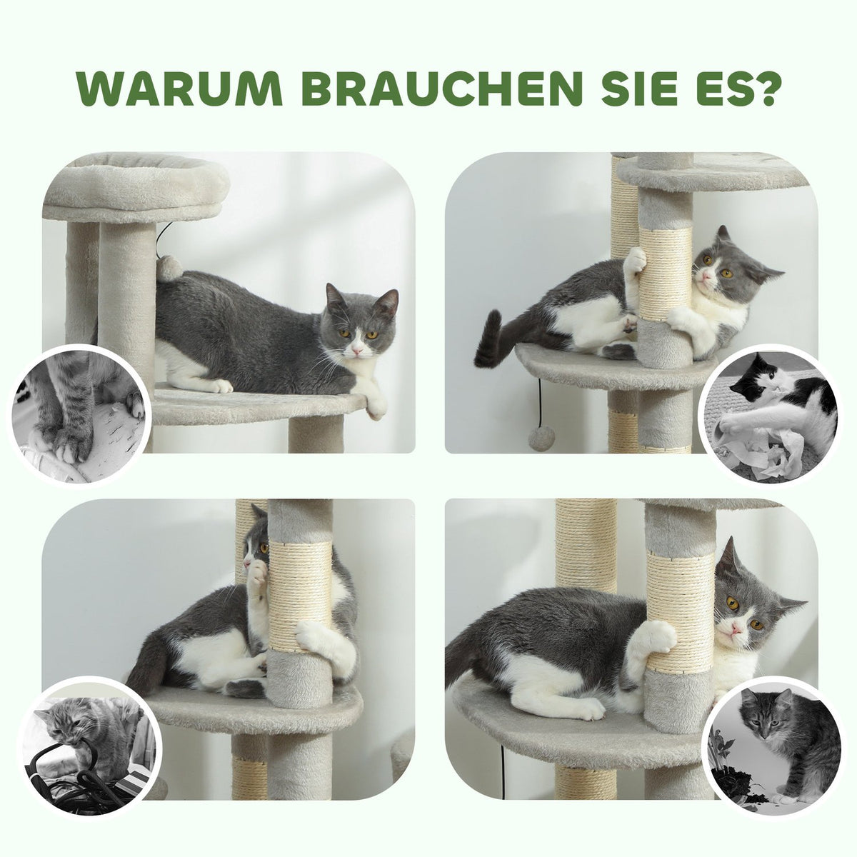 Cat Tower 114 cm, Sisal Posts, Multi-Level, Light Grey