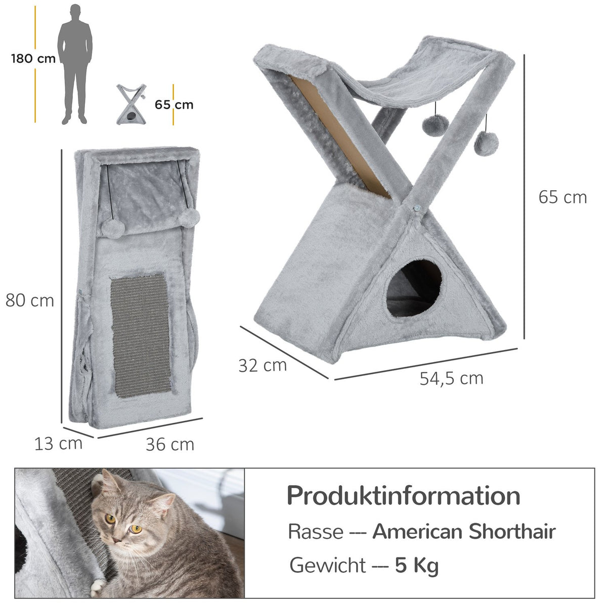 Cat Tower Gray Scratching Post With Cave And Hammock, Sisal & Plush, 54.5X32X65Cm
