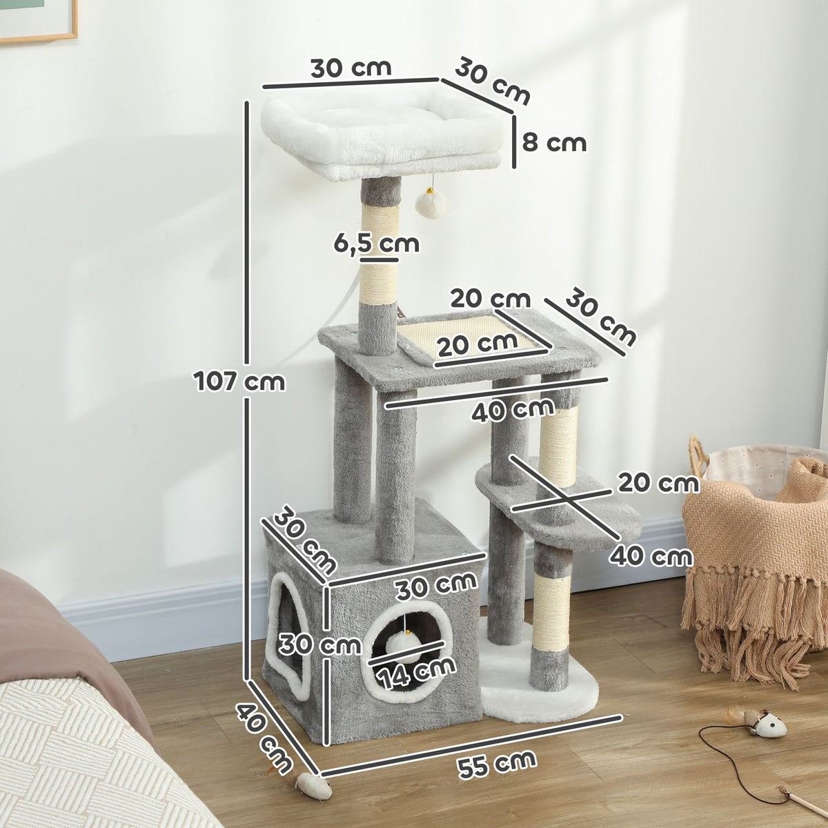 Cat Tower with Cave, Sisal Posts, Plush Balls, 107 cm, Gray