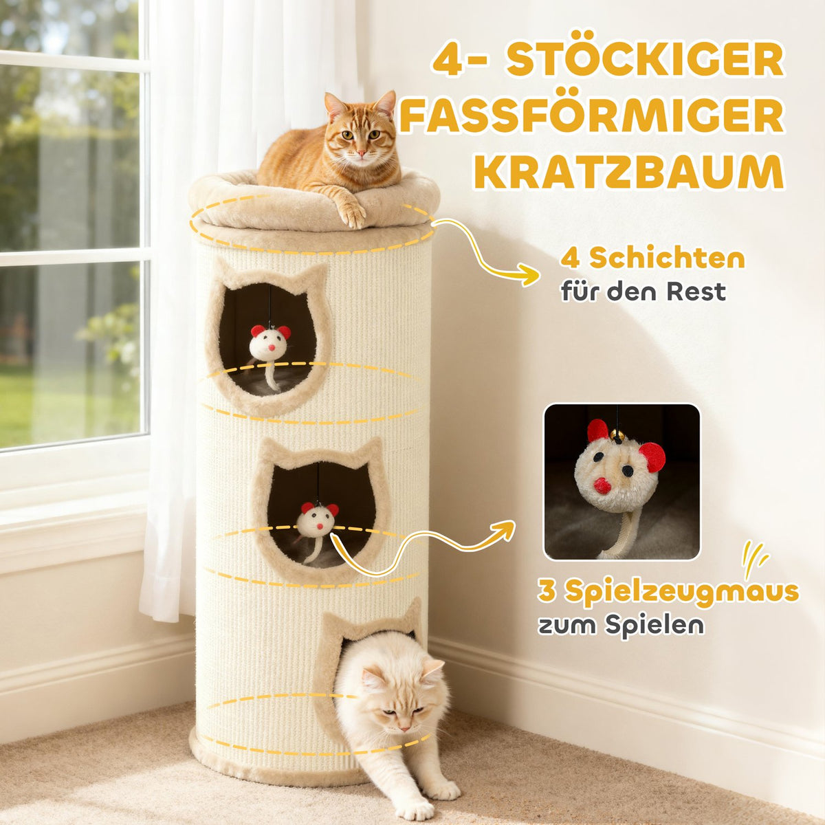 Cat Tower with Washable Bed, 96 cm, 3 Hideouts, Grey