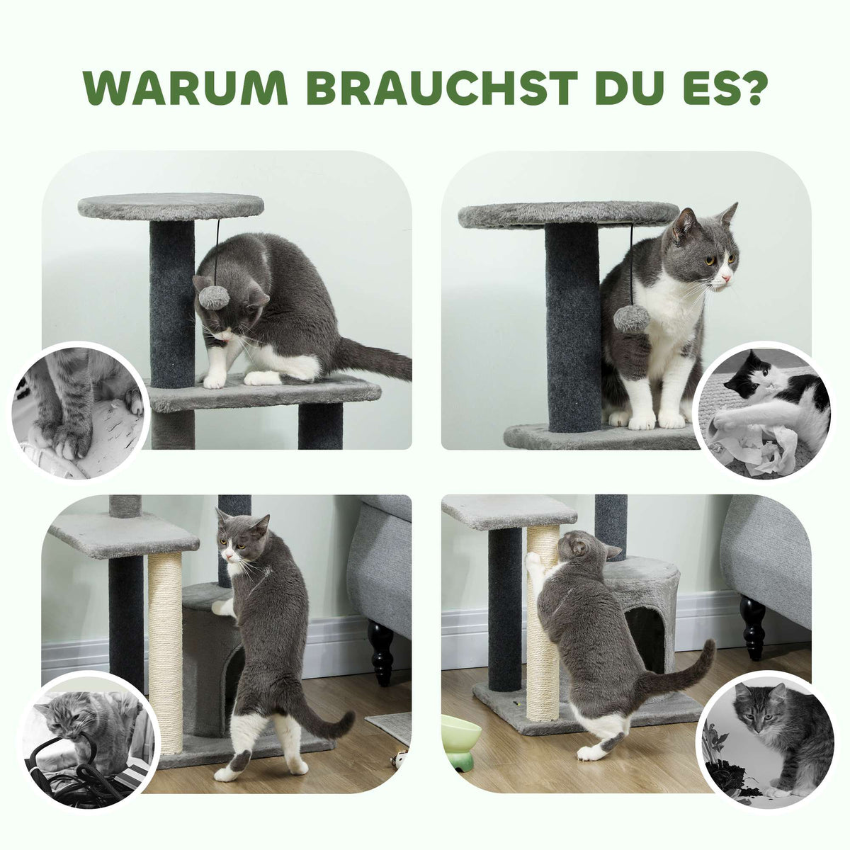 Cat Tree 103 cm with Platforms and Sisal Posts, Grey
