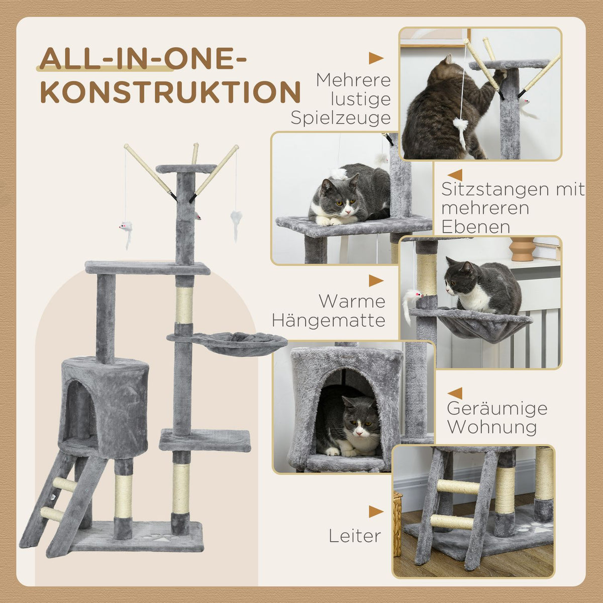 Cat Tree 134.2 cm High Scratching Post Cat Scratching Post Climbing Tree Cat Stairs 4 Toys Grey+White |