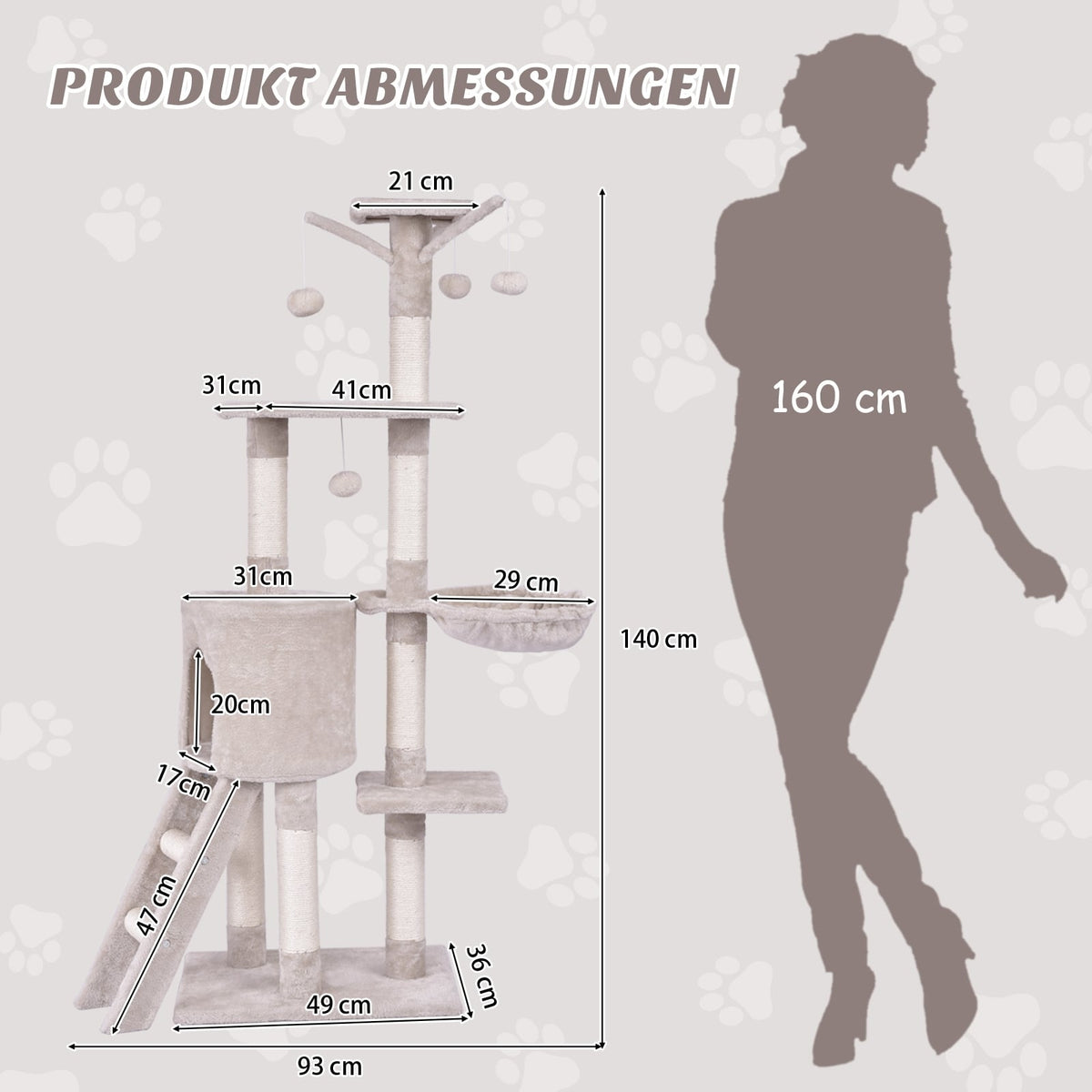Cat Tree 140 cm with Platforms, Sisal Posts, Beige