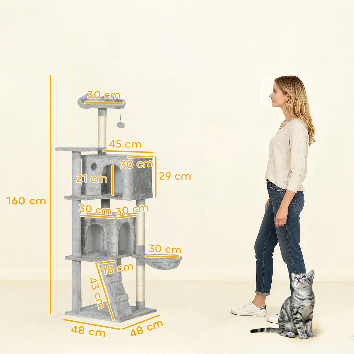 Cat Tree 160cm, Multi-Level, Sisal Posts, Hammock, Platforms