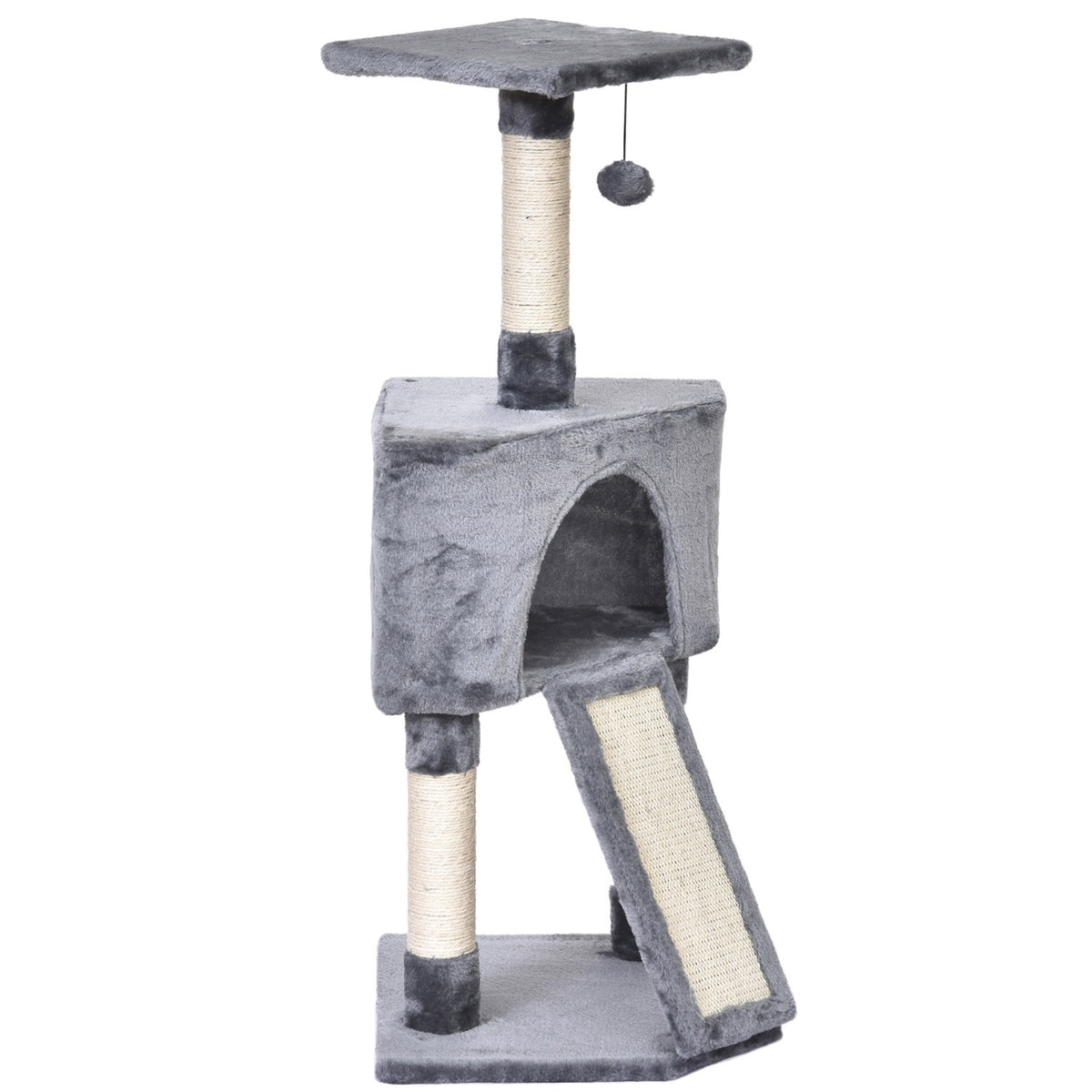 Cat Tree 3-Level Scratching Post With Cat Cave, Sisal Columns & Scratching Board, Plush, Gray, 40X40X98Cm