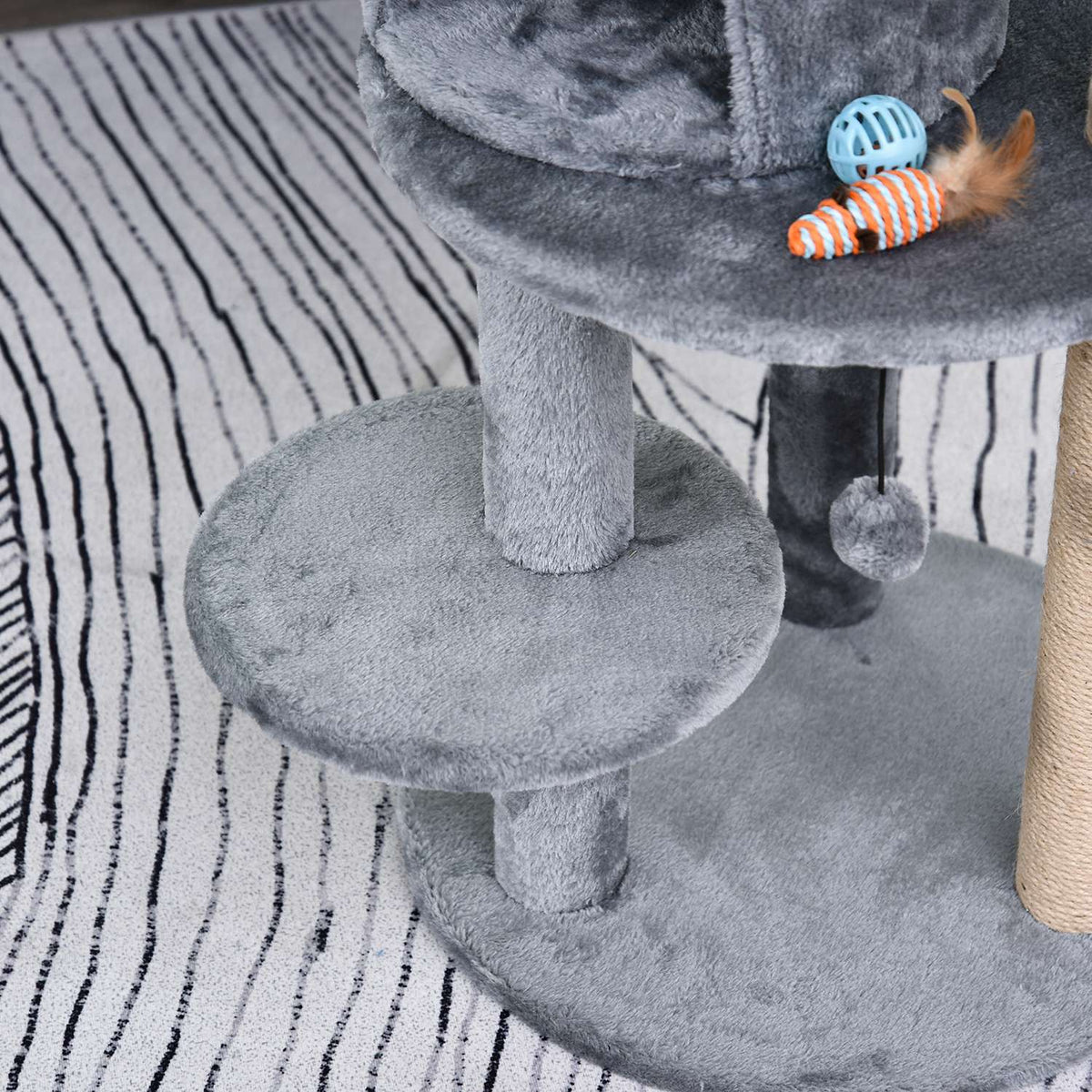 Cat Tree 4-Tier Cat Cave With Play Balls, Perch, Sisal Column, Scratching Board, Plush, Gray, 48X48X104Cm