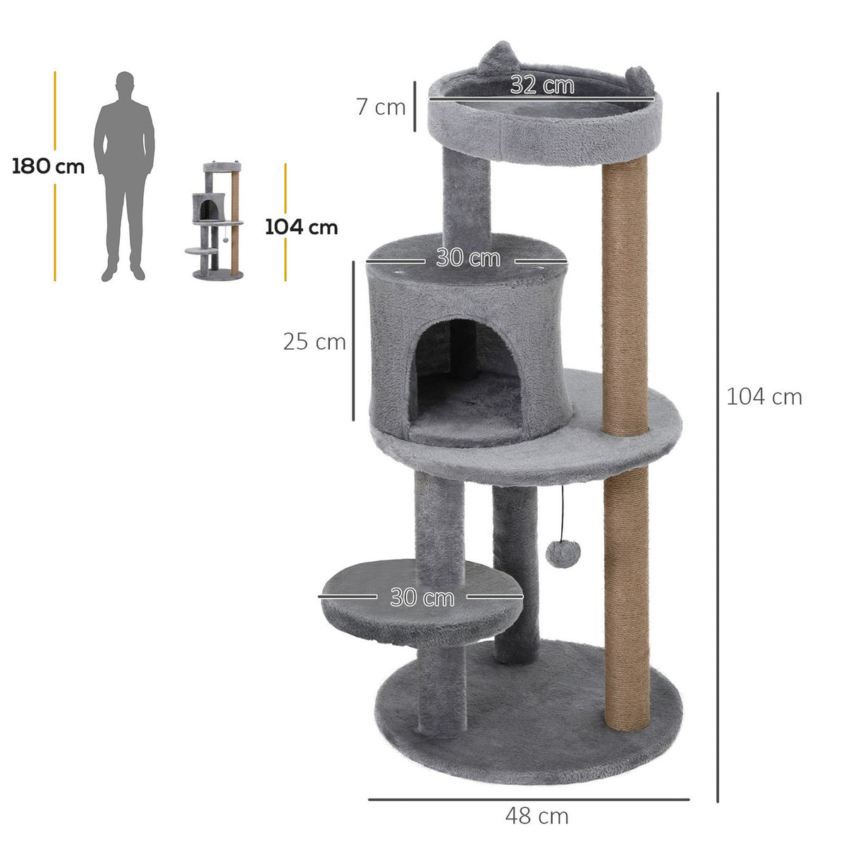 Cat Tree 4-Tier Cat Cave With Play Balls, Perch, Sisal Column, Scratching Board, Plush, Gray, 48X48X104Cm