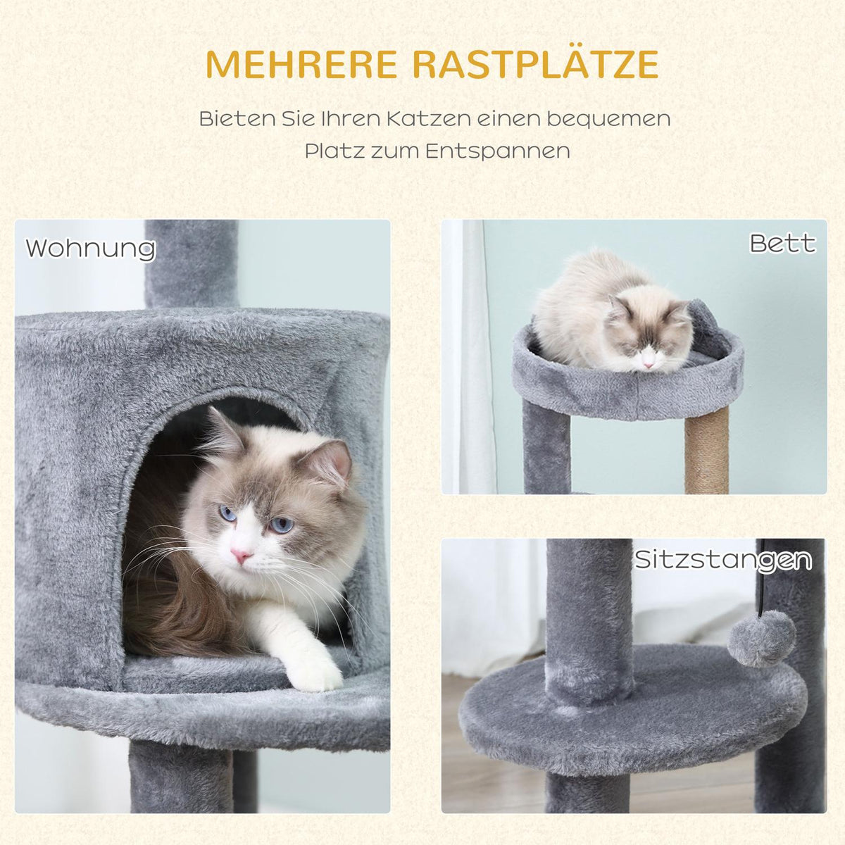 Cat Tree 4-Tier Cat Cave With Play Balls, Perch, Sisal Column, Scratching Board, Plush, Gray, 48X48X104Cm